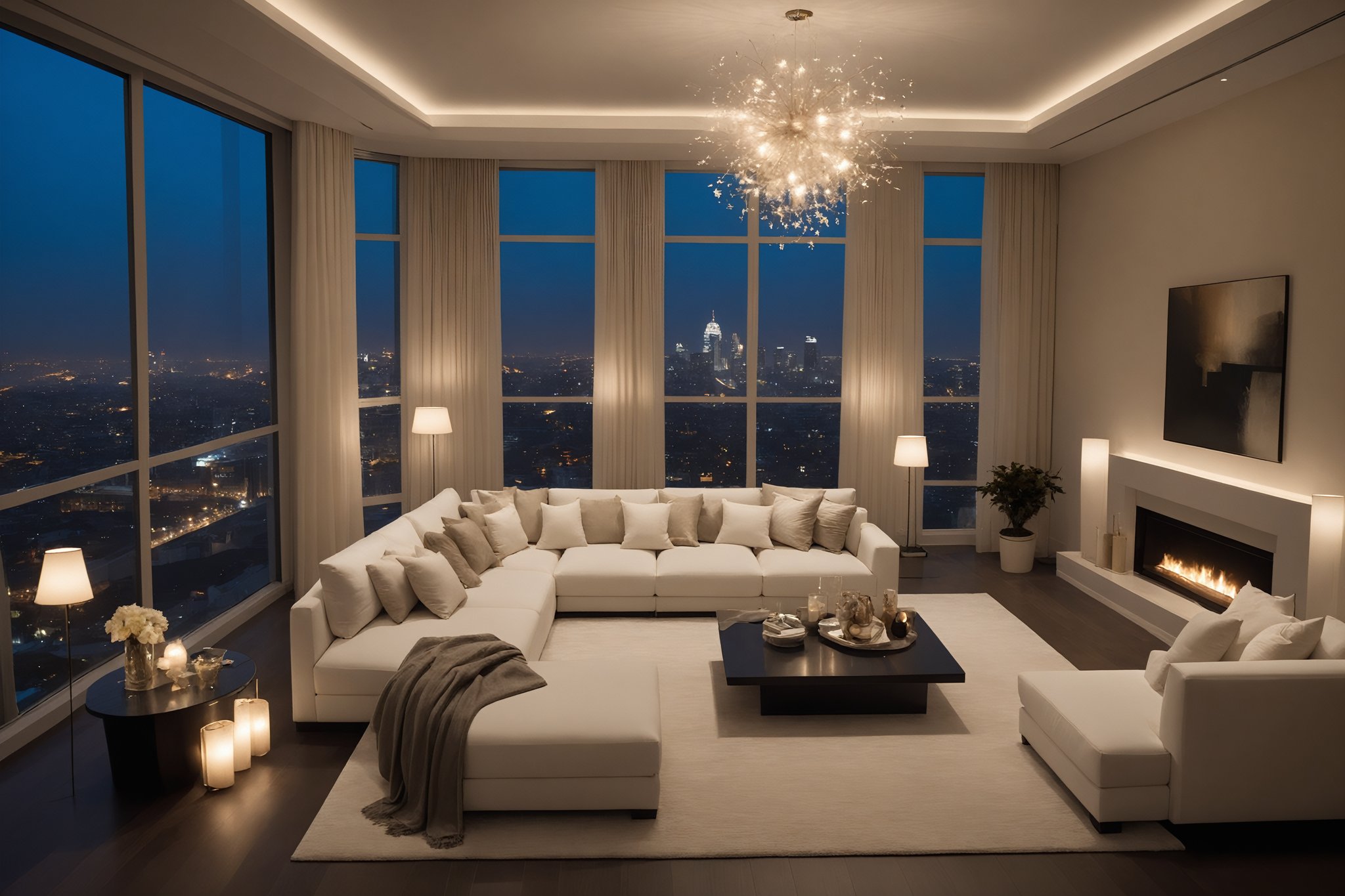 Aerial view of a sumptuous, lived-in living room with plush cream and white cushions scattered across the floor, against radiant white walls that emit a soft luminescence. Sheer curtains filter moonlit hues, casting an ethereal ambiance as dark shadows dance upon the walls. The dimly lit interior is bathed in the nocturnal tones of the cityscape outside, where twinkling lights resemble stars in the darkness.