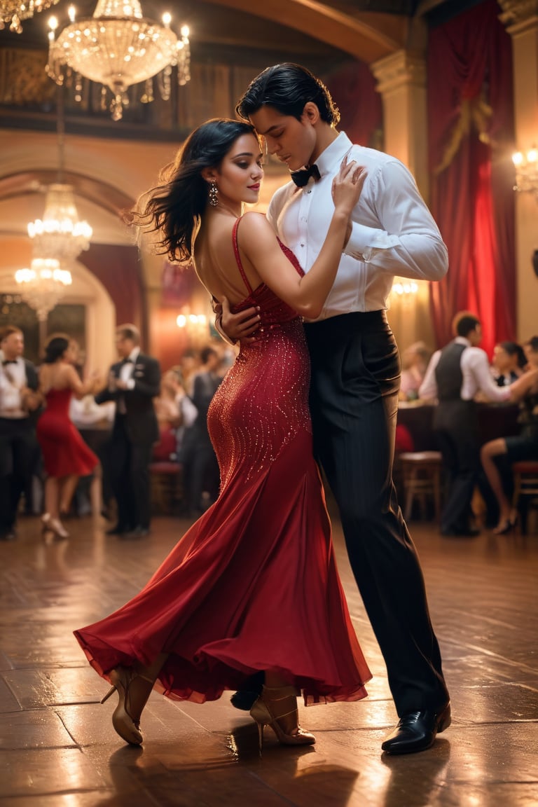 A majestic shot of an elegant couple dancing tango in perfect harmony. The camera captures their full-body silhouettes against the warm glow of a tango dance hall, with blurred background details. The girl, resplendent in her stunning red dress, jewelry, and flawless makeup, beams with confident elegance, her long black hair flowing like night. Her dark eyes sparkle with boldness as she gazes at her partner. The boy, clad in formal attire, appears nervous yet refined, his brown eyes locked on the girl's radiant beauty. Tiny particles of light dance around them, accentuating their dynamic movements. The overall atmosphere is one of sophistication and romance, set against a backdrop of blurred music notes and a hint of sultry night air.