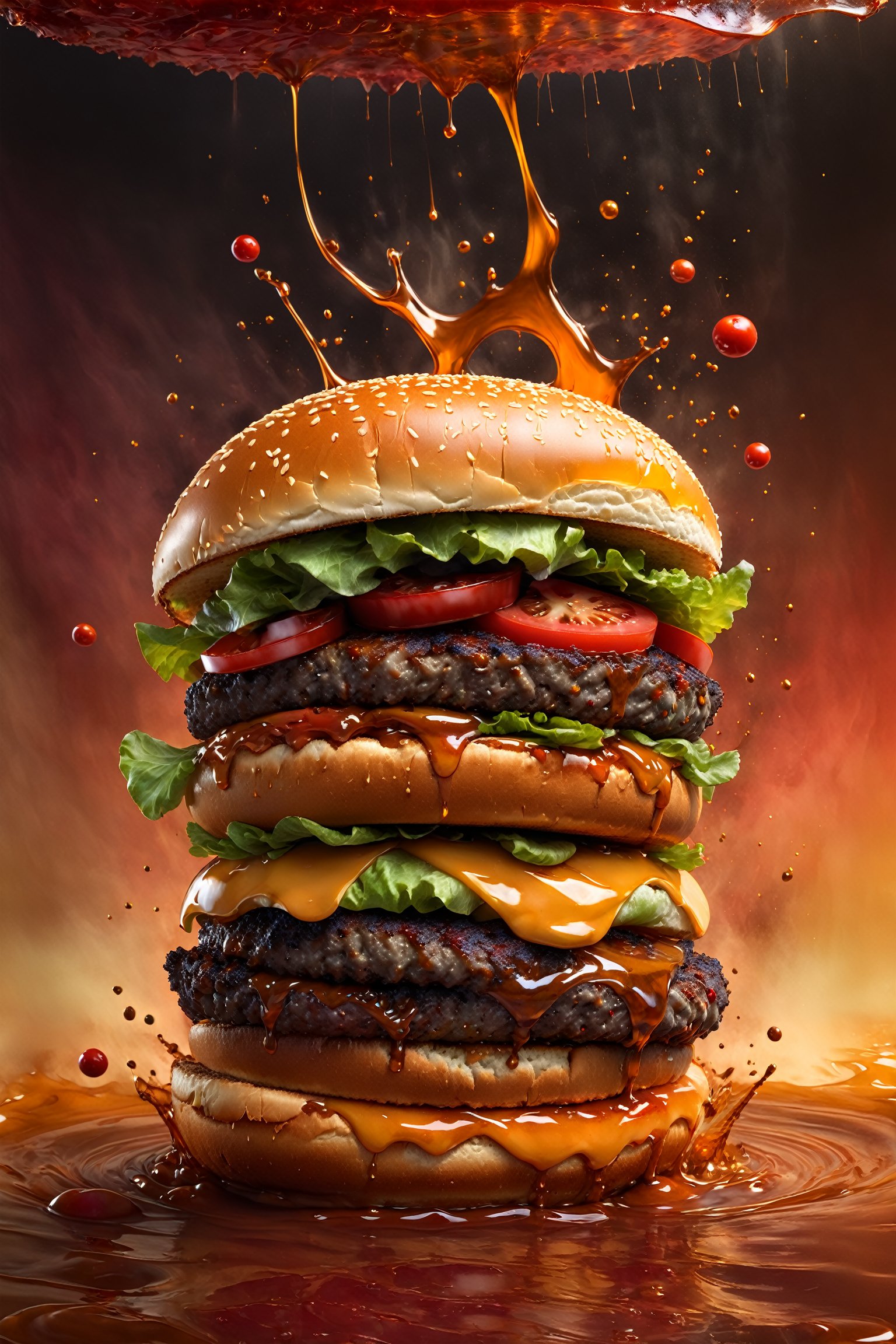 A cinematic masterpiece by Klimt and Beksinski. A juicy burger falls in slow motion onto a glass plate, amidst a gradient cherry-colored background. The lighting is dynamic, with warm highlights and cool shadows. Oversized tomatoes and crisp lettuce surround the patty, as caramel-themed sauce drips like molten lava. In the distance, 3D sweetscape elements add depth to this airbrushed art piece, capturing the fluid motion of the falling burger in a stunning food photography explosion.