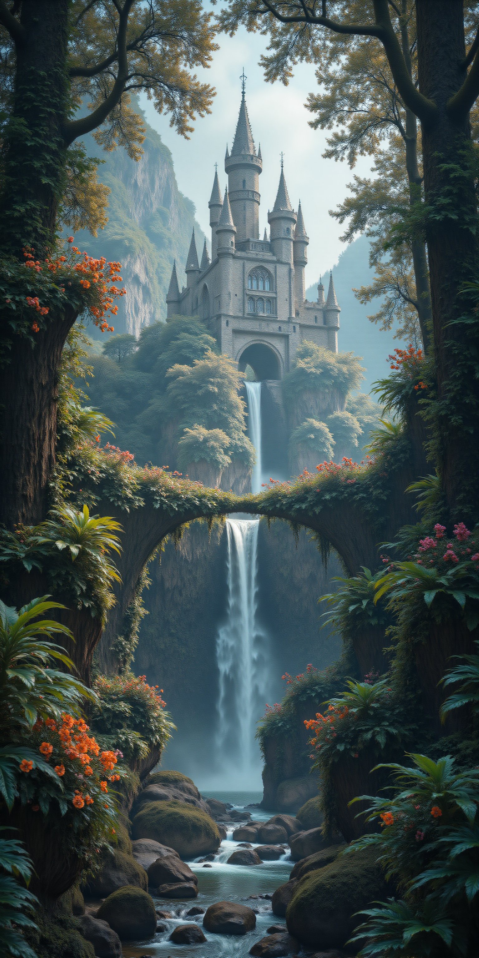 A majestic white marble castle stands tall amidst lush greenery, surrounded by moss-covered rocks and towering trees with vines and orchids adorning their trunks. Ferns and wildflowers sway in the misty veil as soft, mystical lighting filters through the canopy above. The composition is balanced by the central axis of a serene waterfall, drawing the viewer's eye towards the tranquil atmosphere,Midjourney_Whisper