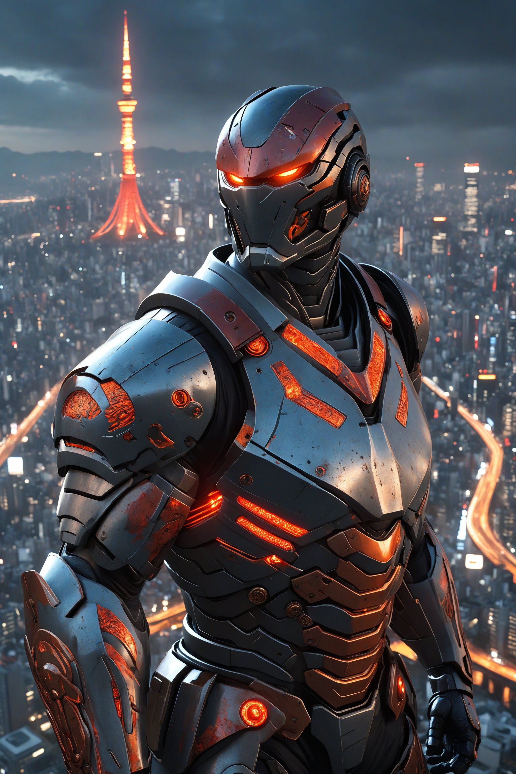 Aerial view of an enormous Japanese Pacific Rim Jaeger standing towering over Tokyo. The Jaeger’s design incorporates elements of Japanese Cultural aesthetics, featuring sleek, metallic silver armor with futuristic patterns. Its helmet is inspired by traditional Japanese Samurai armor. The Jaeger’s eyes emit a vibrant red glow, The landscape below reveals urban cityscapes and the sea. Enhanced with glare, lens flare, and cinematic night time lighting, the Jaeger’s modern look is highlighted by dynamic particles and light streaks, reflecting Japan's blend of tradition and cutting-edge technology.
(best quality, 4K, 8K, high-resolution, masterpiece), ultra-detailed, intricate designed, vibrant colors, otherworldly appearance, glowing elements, complex patterns, dynamic lighting, cinematic composition, high detail, high resolution, a breathtaking image that immerses viewers in the futuristic world of epic battles.