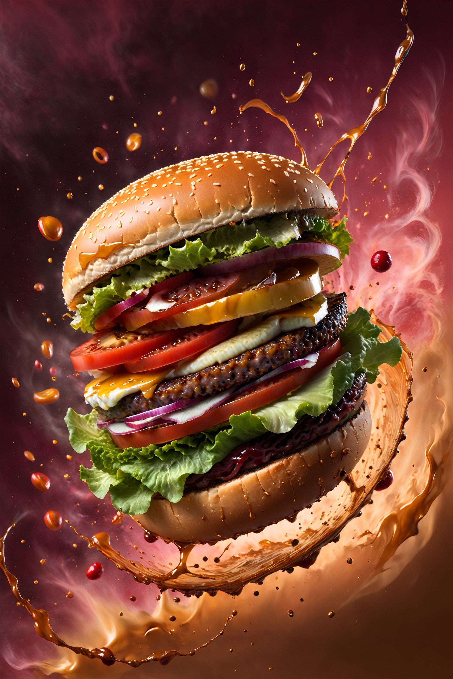 A dramatic, sweet-tooth spectacle: a burger in mid-air, defying gravity as it splatters onto a glass plate amidst a gradient Cherry-colored background. In a burst of fluid motion and dynamic movement, the patty and toppings explode in a cinematic lighting display. Brushstrokes reminiscent of Beksinski's palette knife swirls blend with Klimt's opulence, while airbrushed textures evoke a surreal 3D sweetscape. Oversized tomatoes and lettuce tumble outwards, as caramel-colored drizzle adds to the mouthwatering chaos - an edible explosion that redefines the boundaries of food photography.