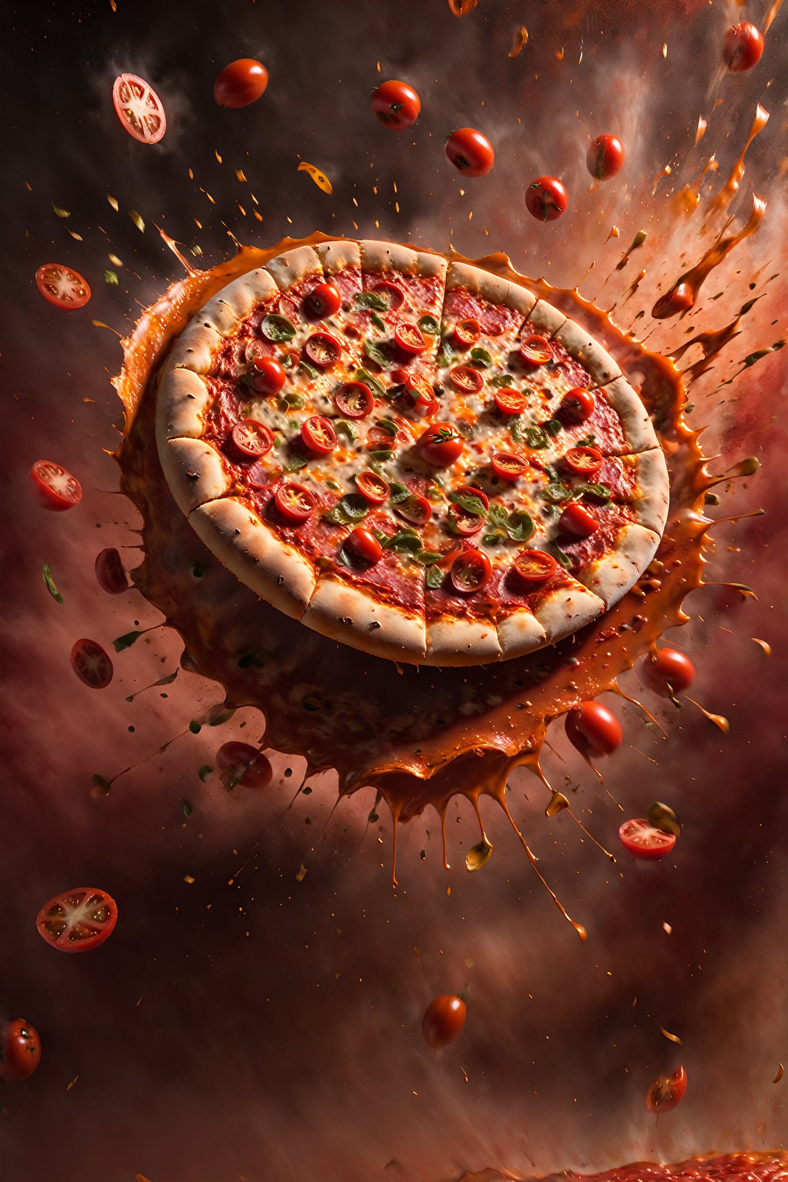 a photograph of a falling pizza, falling pizza ingredients, in a gradient ketchup coloured background, fluid motion, dynamic movement, cinematic lighting, palette knife, digital artwork by Beksinski,action shot,sweetscape, 3D, oversized tomatoes, pepperoni, jalapeno peppers, firey theme, art by Klimt, airbrush art, food photography, food explosion, 