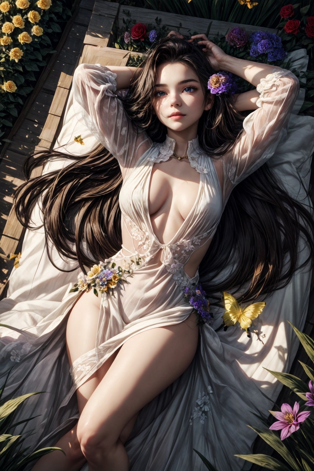 (masterpiece, best quality), 1girl, long_white_dress_floral, blue eyes, medium breasts, brown_black  hair, long straight  hair, happy look, background, garden, colored_flowers, slim,  22 years old, butterflies, light_jewerly, flowers, flowers covering her, aerial_view, grass, leaning on flowers, lying down, wide_arms, looking to viewer, wariza,upshirt,DonMASKTex ,perfecteyes,jolynejojo,momo mha,flower background,road of flowers,drow