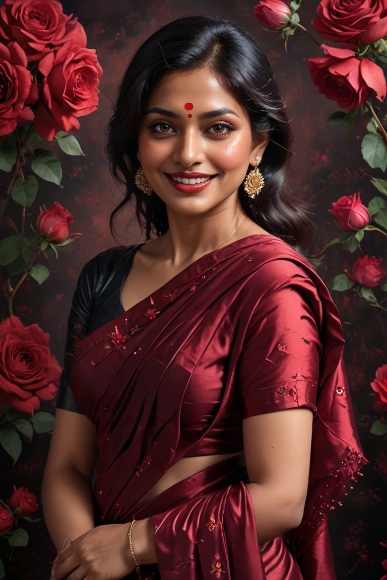 In this exquisite portrait, a stunning mature elegant Indian woman in a burgundy red silk Saree radiates elegance and grace with her mysterious smile and reflective dark eyes. Her delicate features are set against a backdrop of abstract roses on a dark background, their swirling red petals a testament to the intricacies of love. The artwork's blend of traditional artistry and digital innovation creates a visual symphony of beauty and serenity.