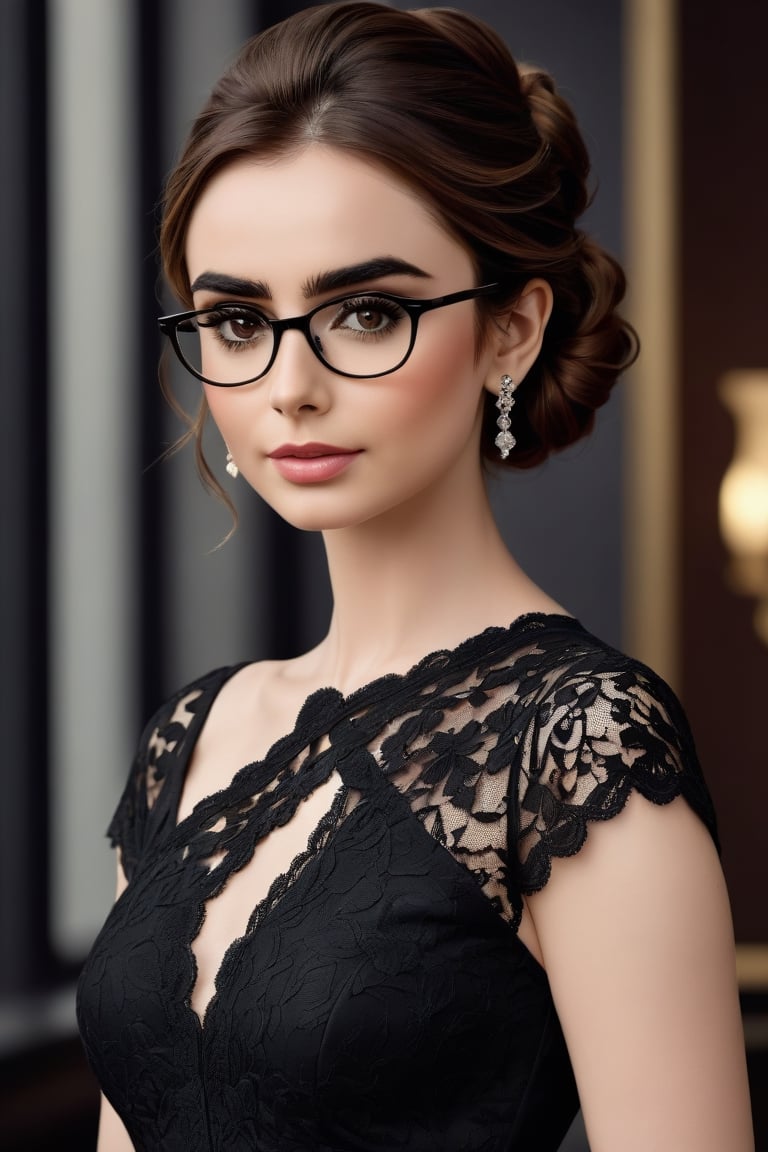 craft a hyper realistic vertical photo of Indian most attractive serious woman in her 30s, elegant black and white lace evening gown, elegant updo brown hair, black frame glasses, trending on artstation, portrait, digital art, modern, sleek, highly detailed, formal, serious, determined, CEO, colorized, smooth, charming, pretty, soft smile, soft lips, black eyes, Lily Collins 