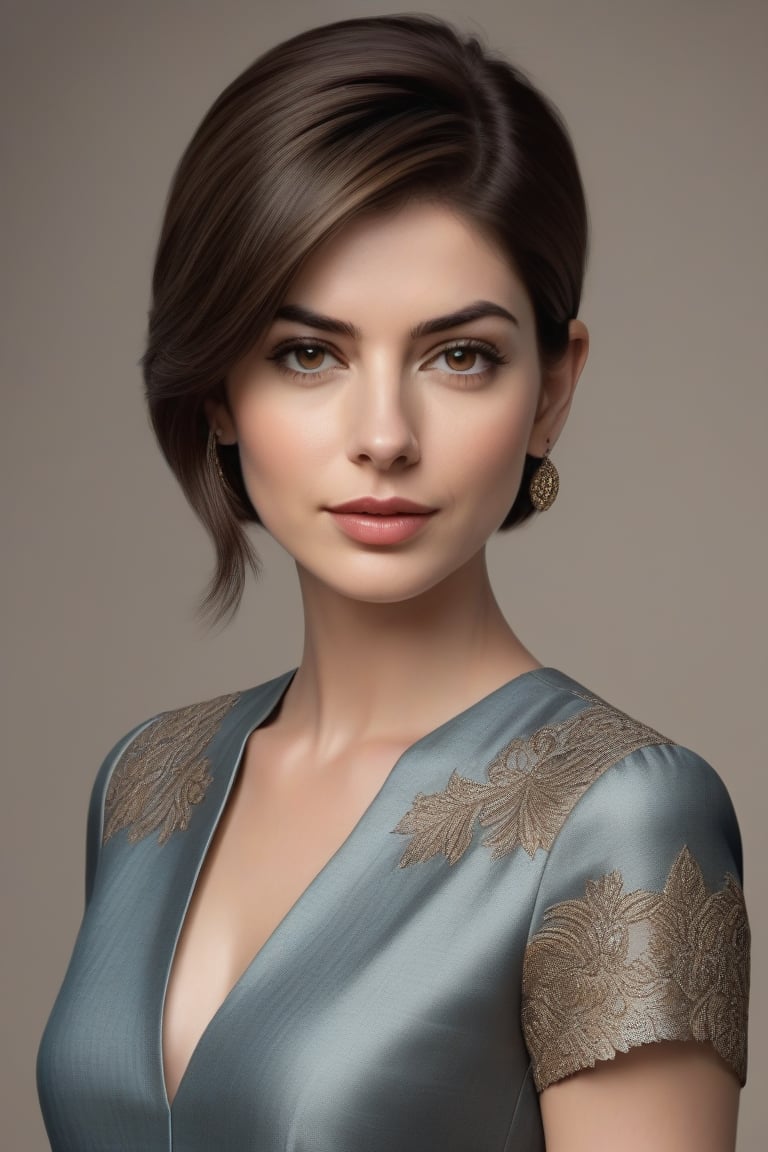 craft a hyper realistic vertical photo of Indian most attractive serious woman in her 30s, Shift Dress
, Trendsetter wolf cut brown hair, trending on artstation, portrait, digital art, modern, sleek, highly detailed, formal, serious, determined, CEO, colorized, smooth, charming, pretty, soft smile, soft lips, black eyes, anne hathway