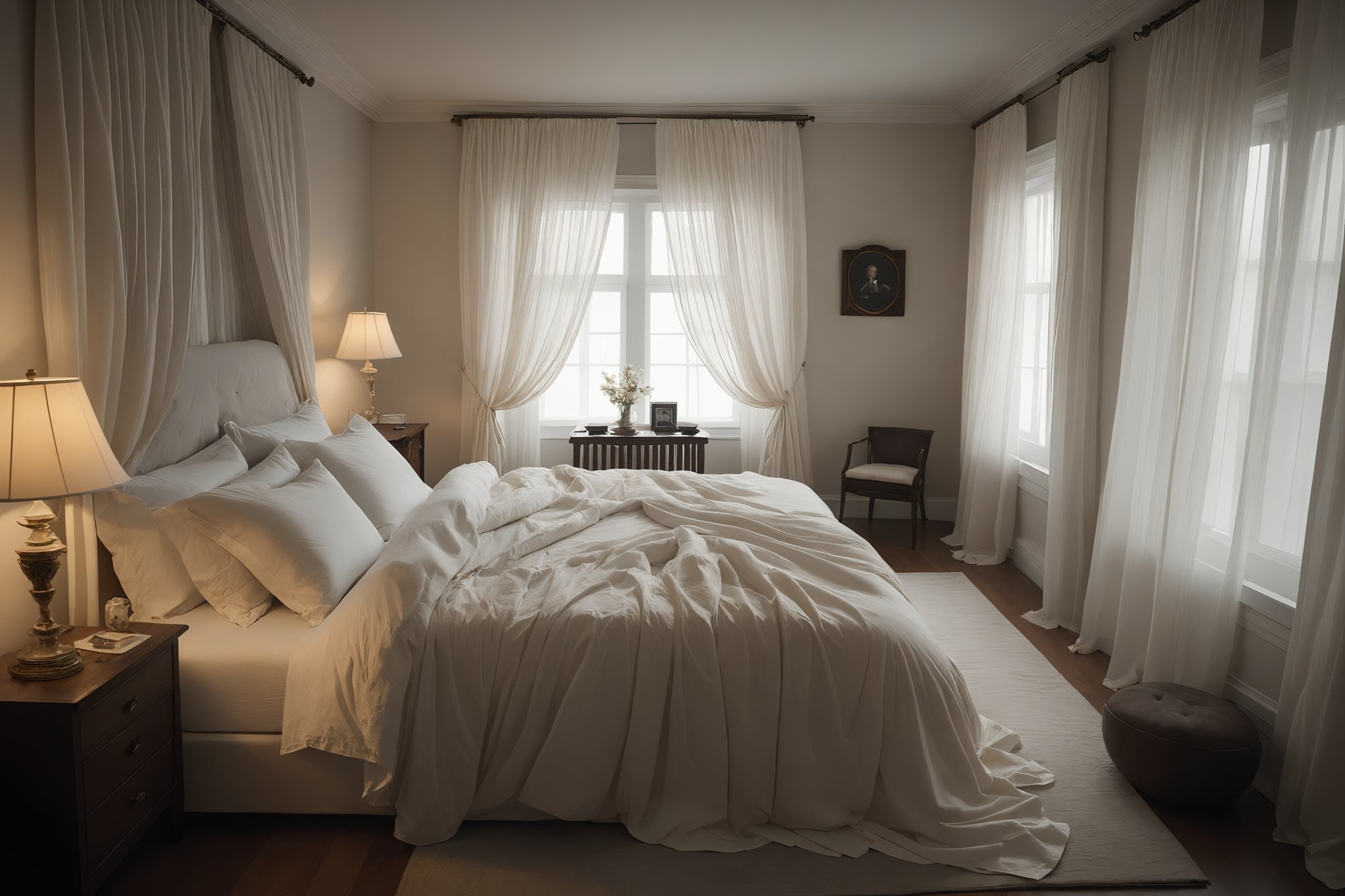 Capture a hauntingly beautiful scene from above: a sprawling bed with rumpled sheets in soft cream, white shades, set against crisp white walls and sheer curtains filtering faint luminescence. Dark shadows dance on the walls, infusing the dimly lit bedroom with an air of mystery.