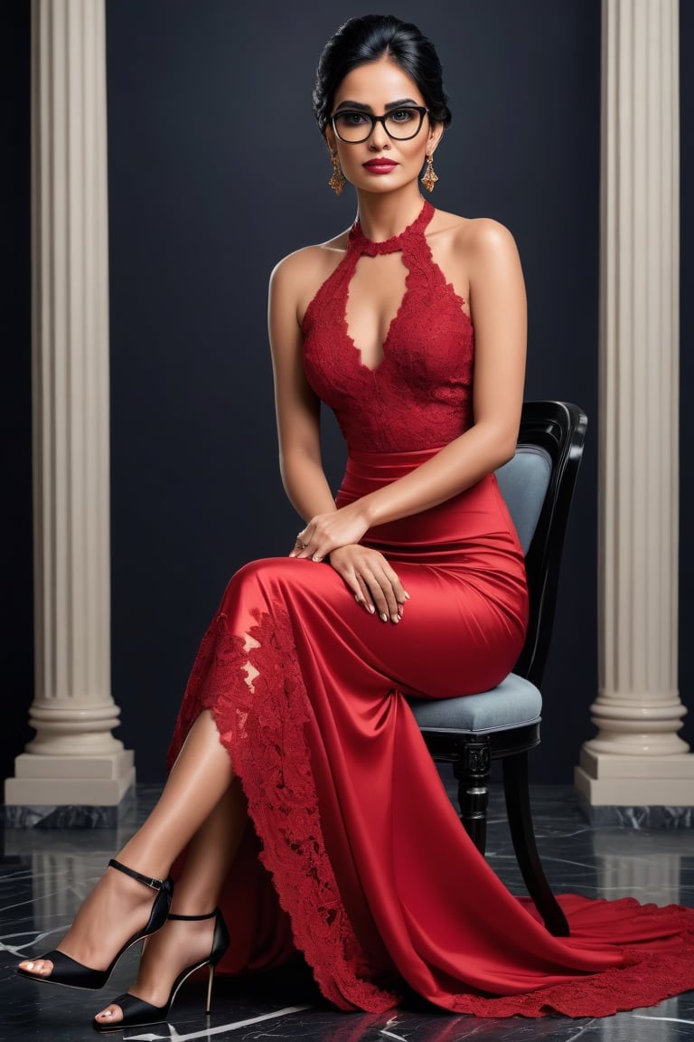 a hyper realistic full body photo of a beautiful most attractive serious Indian woman in her 30s, elegant red silk lace evening gown, strappy high heels,  black marble floor, white background, elegant updo black hair, black frame glasses, trending on artstation, portrait, digital art, modern, sleek, highly detailed, formal, glamorous seated magazine pose, serious, determined, CEO, colorized, smooth, charming, pretty, soft smile, soft lips, black eyes