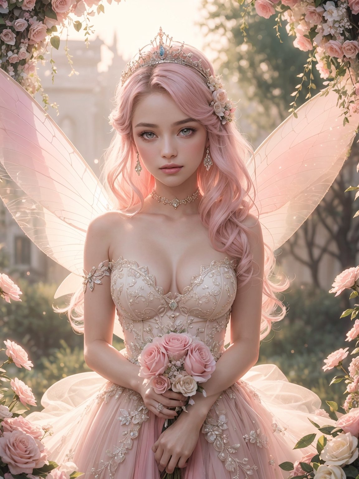 (((Stunningly Beautiful Fairy Princesss))),Story, Beautiful bride posing under a fairy tale arch of exotic magical flowers, elaborate scene style, glitter, peach pink lace, realistic style, 8k,exposure blend, medium shot, bokeh, (hdr:1.4), high contrast, (cinematic, pink and white film), (muted colors, dim colors, soothing tones:1.3), low saturation, (hyperdetailed:1.2), (noir:0.4)