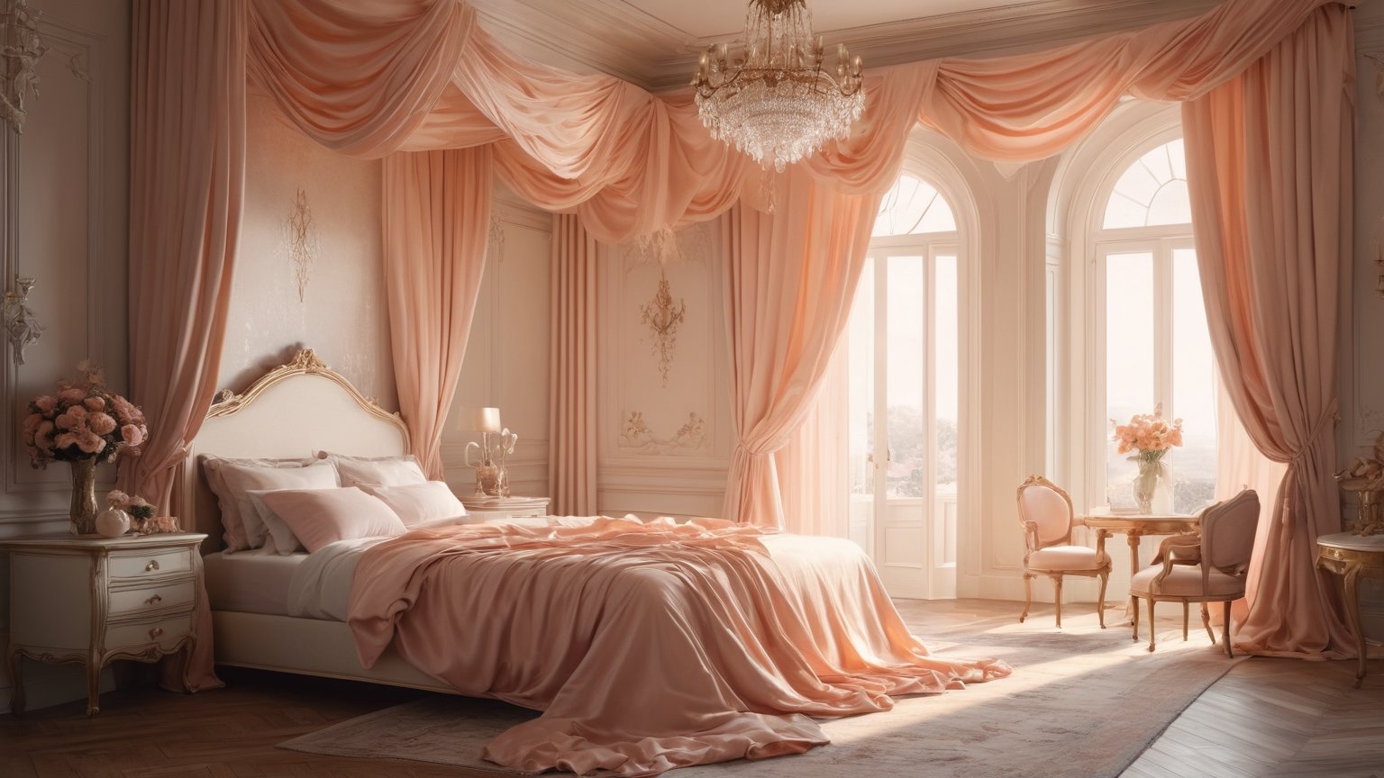 Overcast night sky casts a mystical glow through the drawn curtains, bathing the opulent bedroom in an ethereal light (1.6). Outside, darkness reigns supreme (1.5). Amidst this surreal setting, a majestic bed dominates the scene, its rumpled sheets a tangled mess of cream, white, and peach pastel hues. Shadows dance across the walls, adding to the whimsical atmosphere. In this fairy-tale realm, modern elegance meets timeless luxury, with every detail meticulously crafted for an otherworldly, trending digital art piece on Artstation.