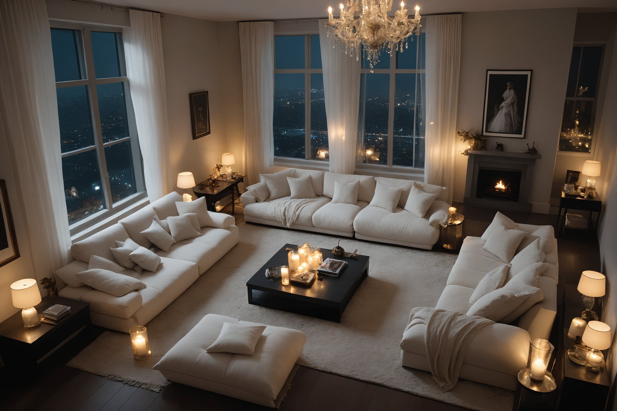 Ethereal aerial shot: sprawling messy luxurious living room with scattered cushions in soft cream and white shades against crisp white walls that seem to glow from within. Sheer curtains filter faint luminescence casting otherworldly ambiance as dark shadows dance on walls. Dimly lit interior bathed in nocturnal hues of dark urban environment outside where city lights twinkle like stars in darkness.