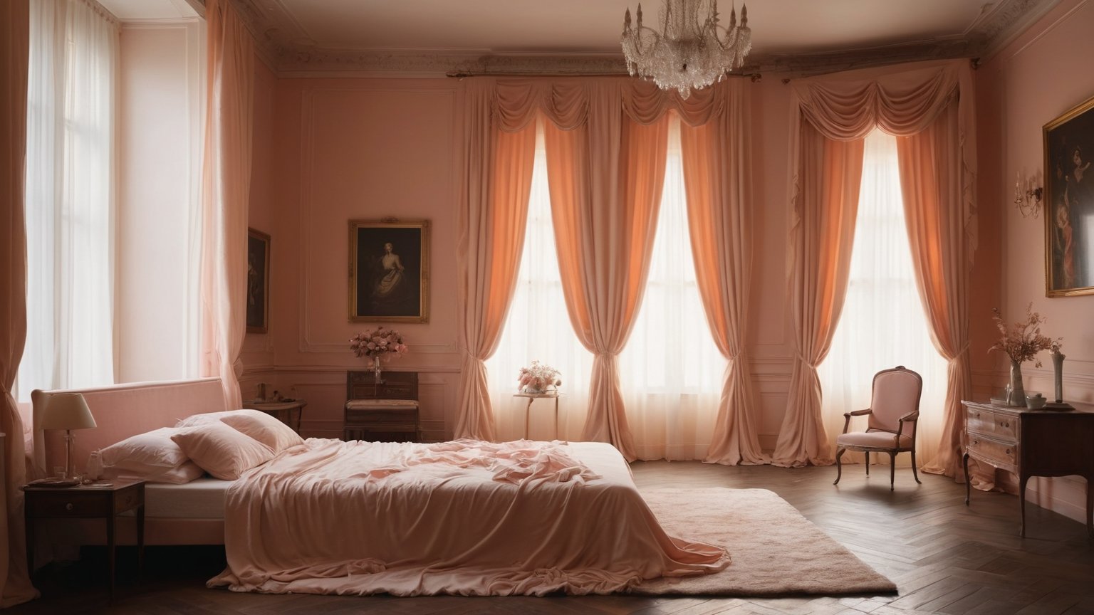 In a sweeping high-angle shot, the camera gazes down upon a majestic bedroom bathed in dim nocturnal light (1.6). Outside, darkness reigns supreme (1.5). The walls are painted a brilliant white, while sheer curtains remain drawn, filtering the faint luminescence. A colossal bed sprawls across the room, its rumpled sheets a tangled mess of cream, peach, and pastel hues. Dark shadows dance upon the walls, imbuing the space with an air of mystery. This surreal tableau is a masterclass in modern digital art, replete with fairy tale whimsy and formal elegance.