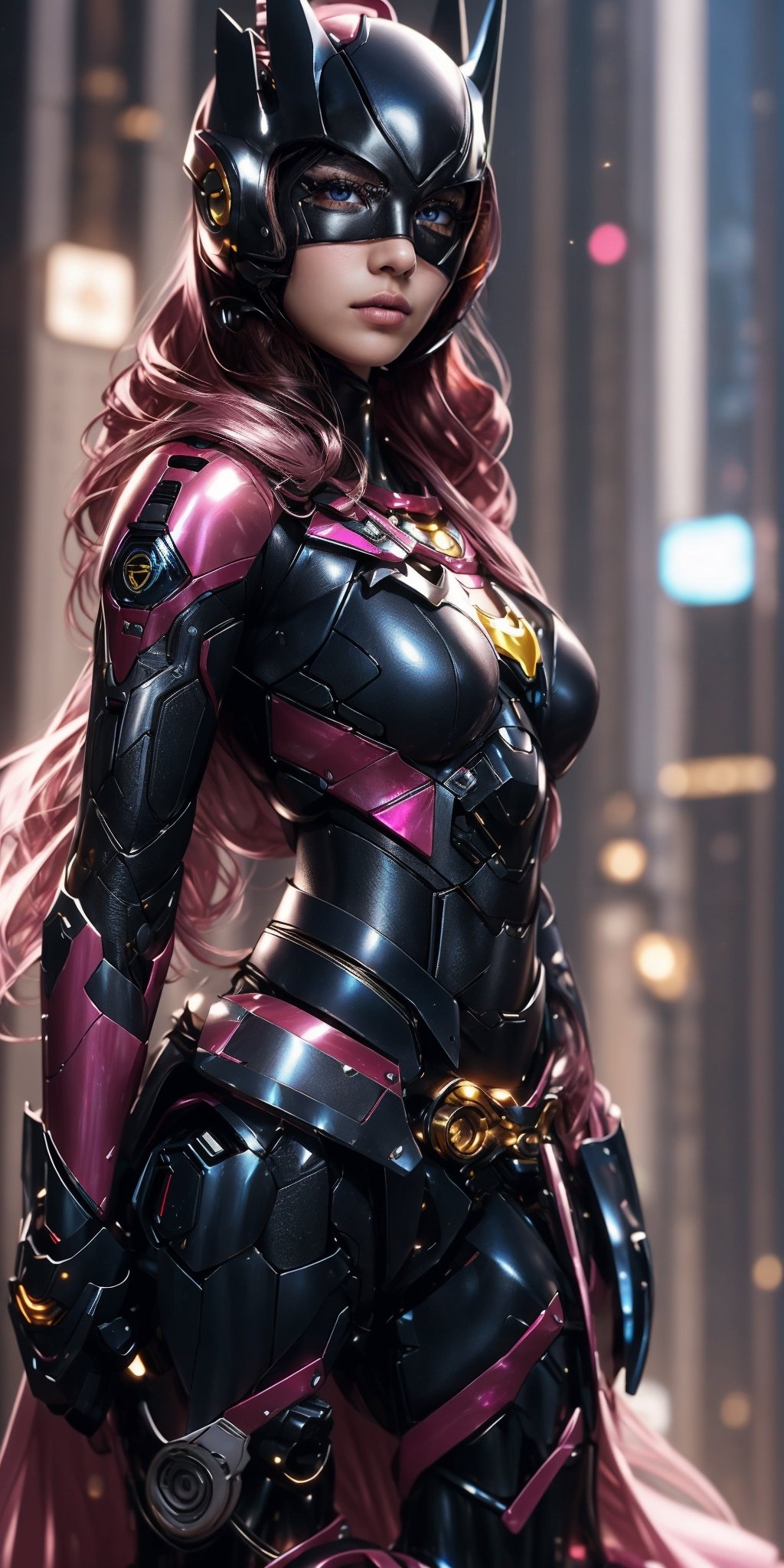 realistic image of an elegant lady, supermodel Superhero, long black hair, blue eyes, wearing high-tech cyberpunk style black Batwoman suit, radiant Glow, sparkling suit, mecha, perfectly customized high-tech suit, ice theme, custom design, 1 girl,mecha,frey4