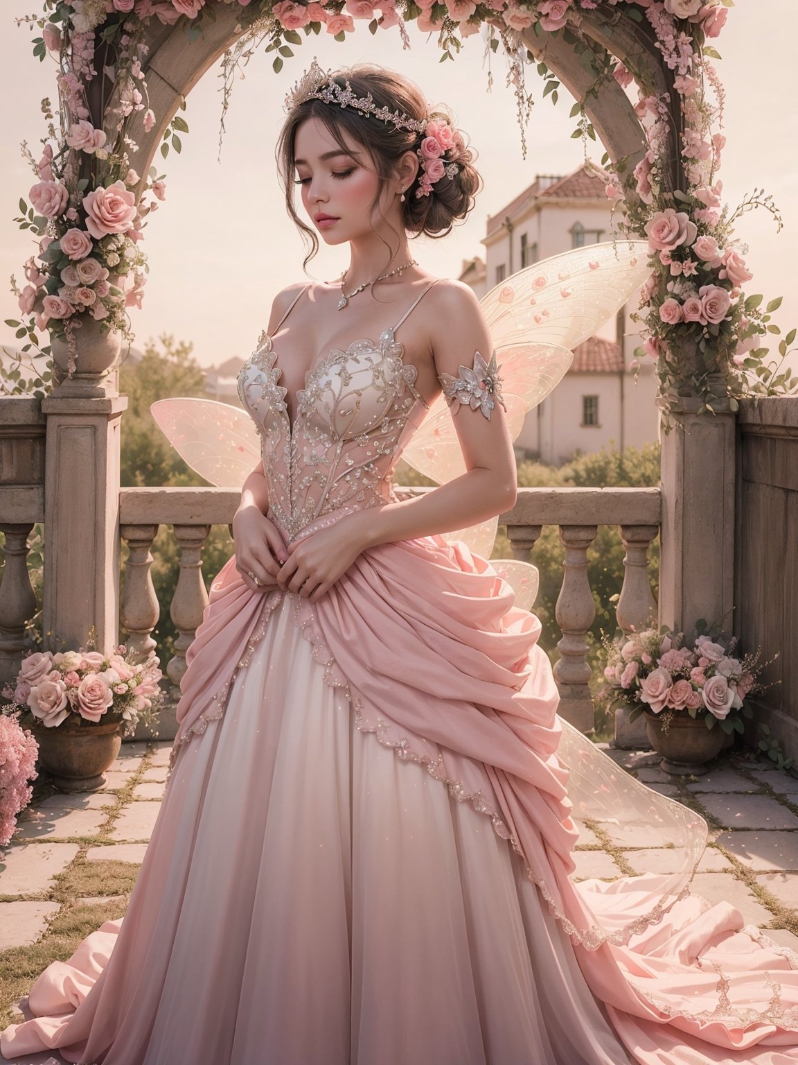 (((Stunningly Beautiful Fairy Princesss))),Story, Beautiful bride posing under a fairy tale arch of exotic magical flowers, elaborate scene style, glitter, peach pink lace, realistic style, 8k,exposure blend, medium shot, bokeh, (hdr:1.4), high contrast, (cinematic, pink and white film), (muted colors, dim colors, soothing tones:1.3), low saturation, (hyperdetailed:1.2), (noir:0.4)