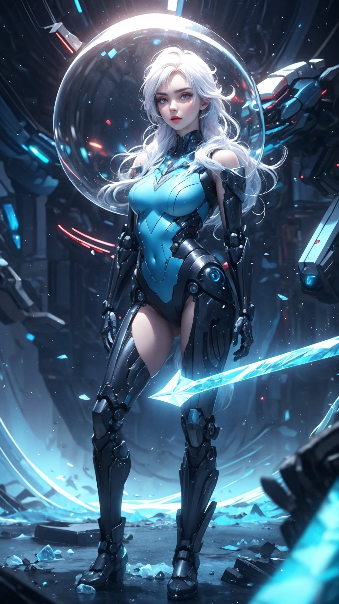 (intricate detailed:1.2), highly detailed,
perspective, detailed background, background blur, focus, blurry background, (vibrant color:1.2), depth of field, Full body realistic photo of beautiful Elsa from Frozen, Lily Collins, Morena Baccarin, tight suit, icy blue colors, ice blue metal, glass scifi Space helmet, platinum blonde elsa style braideded hair, dynamic power pose, mirrored floor, and the anime series ace, Fantastic Surrealism, Post-apocalyptic, Bio-Robotic Art, Fantasy Digital Painting, alien ice planet Landscapes, Surrealism, Biomechanical Sculpture, Kemono, Beautiful Girl Turned to the Camera, Blue Background, intricate snowflake patterns, Glass weapons, 3D Vector Art, Greg Rutkowski,  Detailed face, Detailed eyes, 1 girl