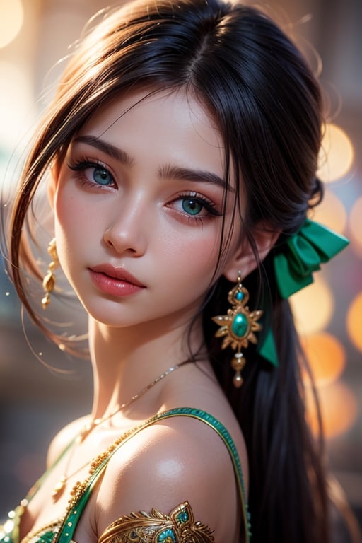 Protrait, photograph, oval jaw, delicate features, beautiful face, long bangs, long ponytail, bright blue-green eyes, hindu art, Korean,1 girl