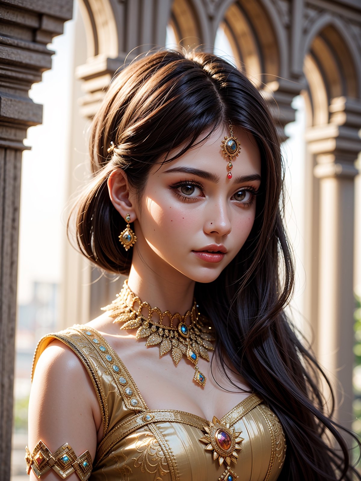 Protrait, photograph, oval jaw, delicate features, beautiful face, long bangs, long ponytail, dark brown eyes, hindu art, Indian,1 girl