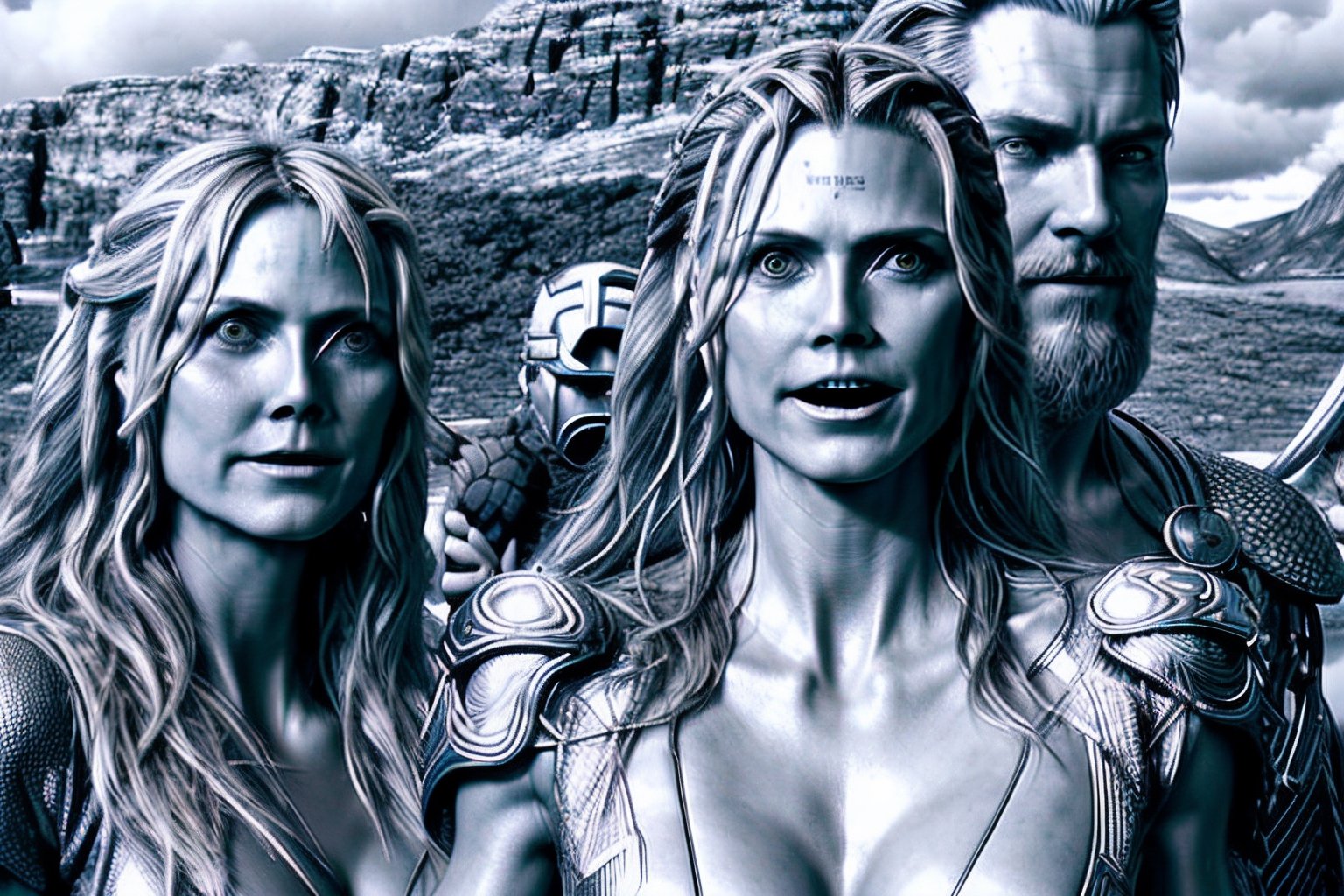 Norse Mythology: A scene with (Heidi Klum, perfect face:1.3), posing alongside gods like Odin and Thor, , set against a stark and rugged landscape reminiscent of Asgard. Hyperdetailed photorealism, 108 megapixels, amazing depth, glowing rich colors, powerful imagery, psychedelic Overtones, 3D finalrender, 3d shading, cinematic lighting, artstation concept art
