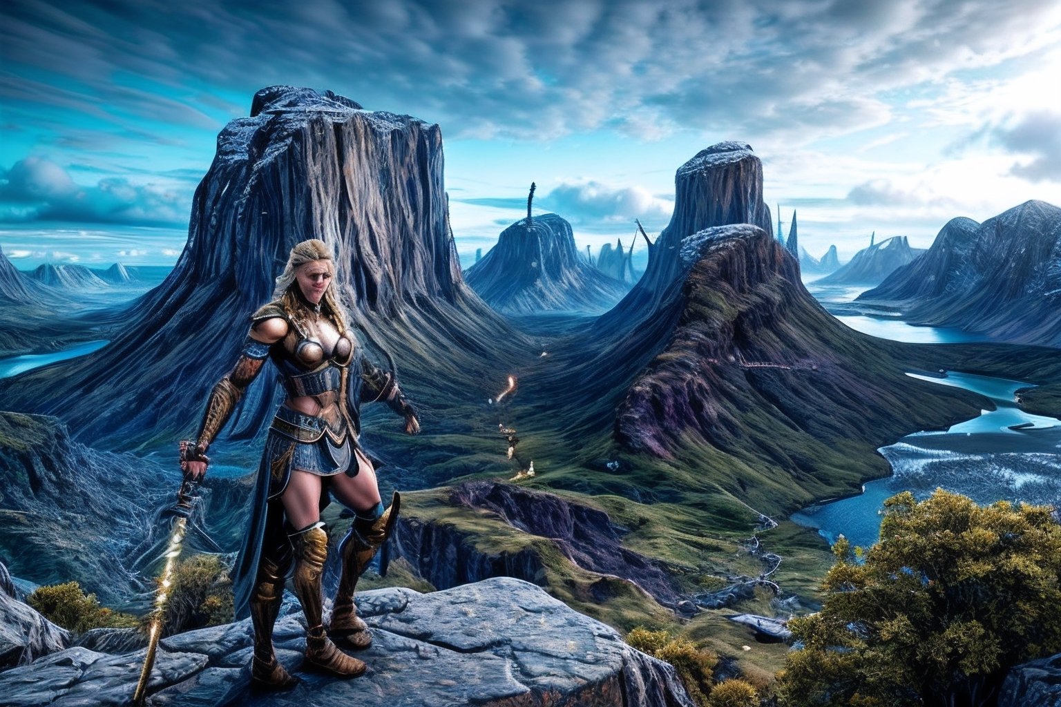 Norse Mythology: A scene with Heidi Klum  posing alongside gods like Odin and Thor, set against a stark and rugged landscape reminiscent of Asgard. Hyperdetailed photorealism, 108 megapixels, amazing depth, glowing rich colors, powerful imagery, psychedelic Overtones, 3D finalrender, 3d shading, cinematic lighting, artstation concept art
