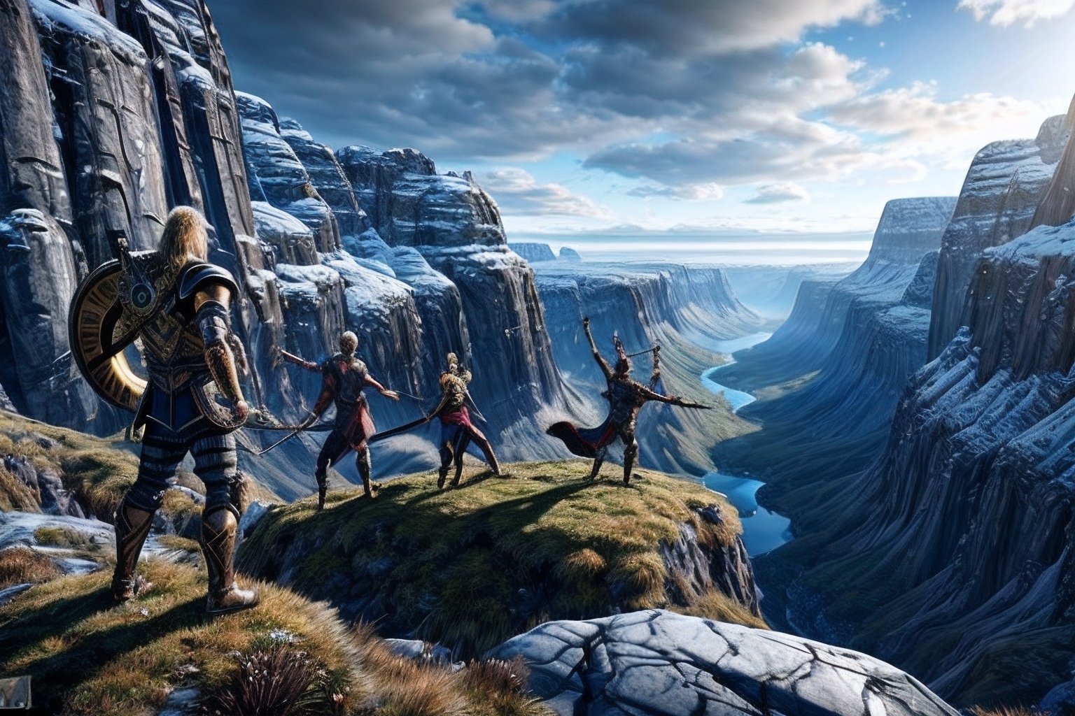 Norse Mythology: A scene with Heidi Klum  posing alongside gods like Odin and Thor, set against a stark and rugged landscape reminiscent of Asgard. Hyperdetailed photorealism, 108 megapixels, amazing depth, glowing rich colors, powerful imagery, psychedelic Overtones, 3D finalrender, 3d shading, cinematic lighting, artstation concept art
