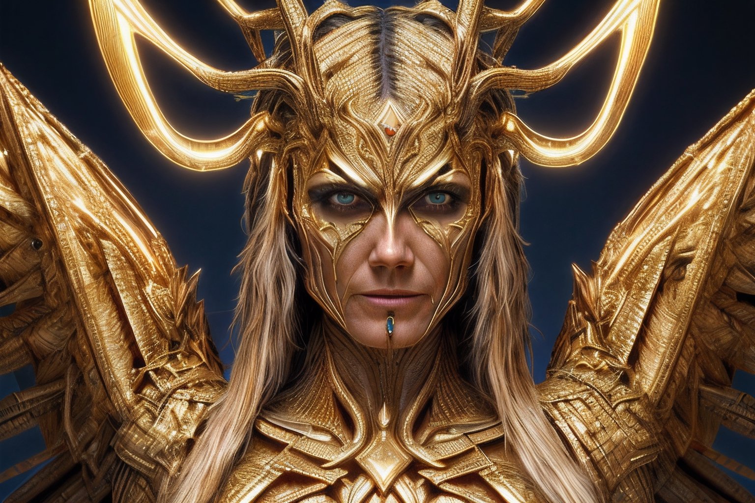 a very beautiful professional photograph of heidi klum in an ancient agyptian setting, symmetrical features, front facing, 3 d, intricate detail, gold and black, by vincent di fate, artgerm julie bell beeple, 80s, Smooth gradients, octane render, 8k, volumetric lightning, High contrast, depth of field