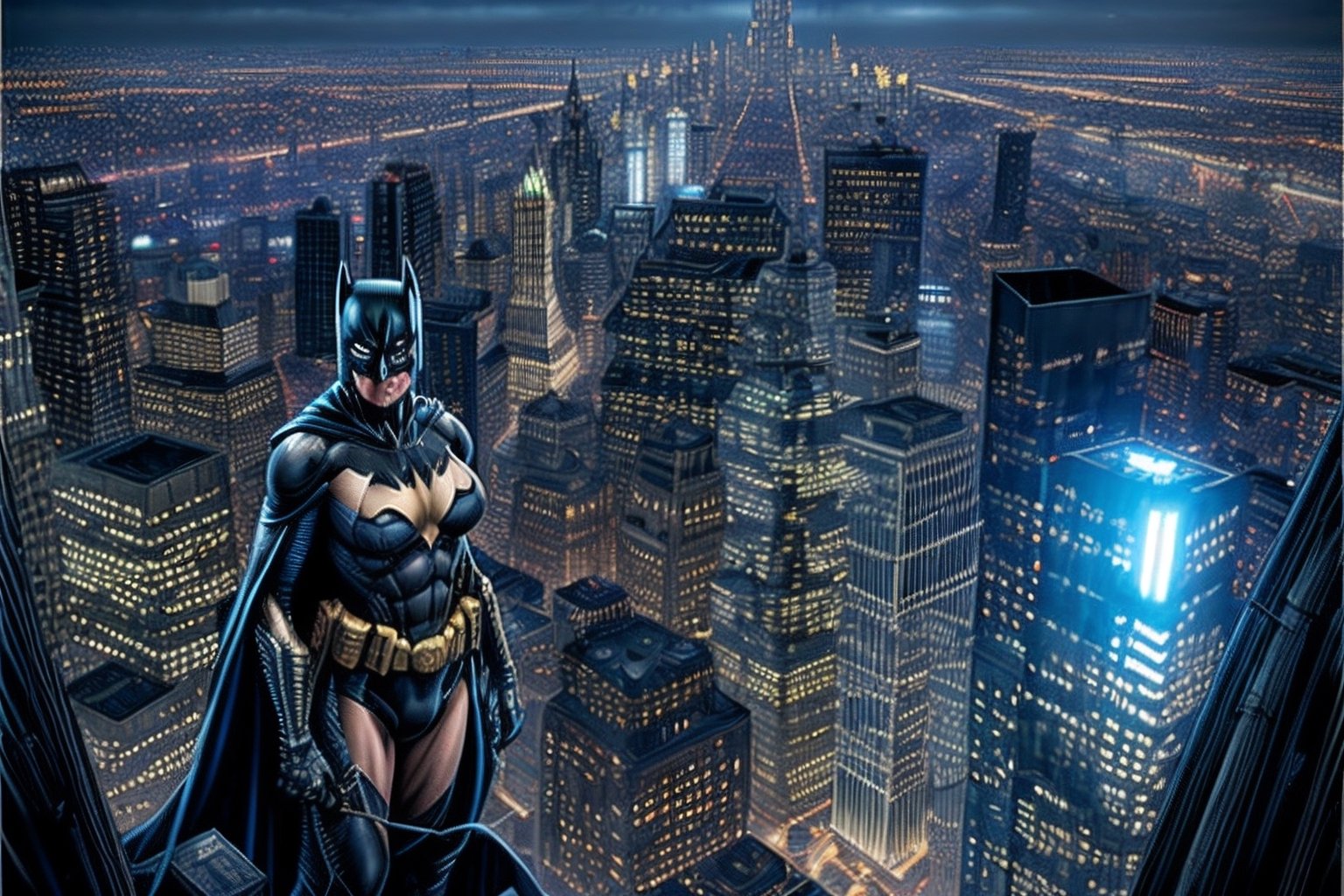 Batman: Portray Heidi Klum  as Gotham City's Dark Knight, perched on top of a skyscraper, surveying the city below with steely dull steel cars as its focal point, James Cameron, hyperrealistic, concept art, artstation, 8k, oil on canvas
