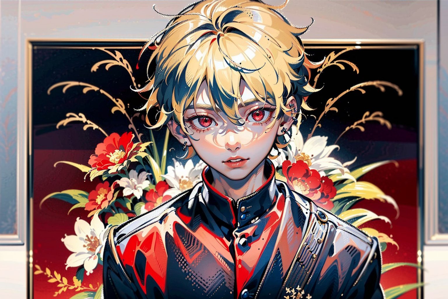 (top-quality:1.4,8K Super Detail CG Wallpapers),(cute young man,very short blond,sharp red eyes, strongly intimidate:1.2),katsuki bakugou,white  shirt,looking down,Black suit,with floral pattern,over the shoulder view,piercings,The background is in a dark room