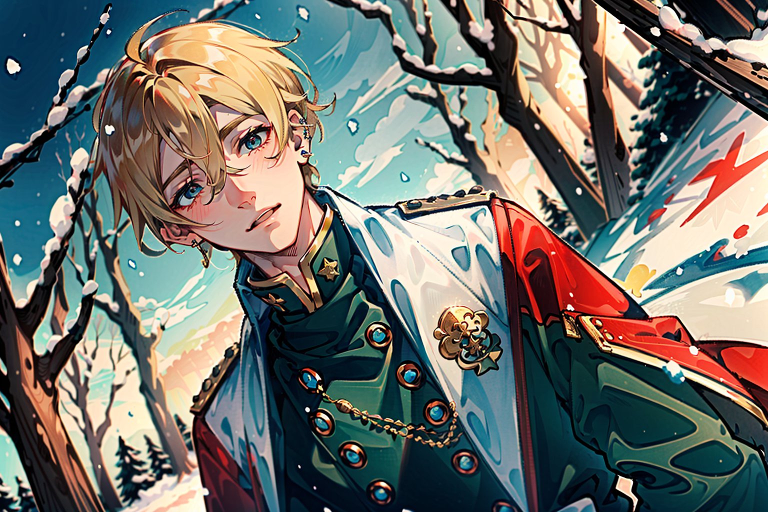 ((masterpiece: 1.4, best quality, delicate)), very short blonde hair, piercing red-eyed soldier, green short hair and big-eyed shepherd, blush, high angle, (2 male youths:1.5), Soldier and shepherd, snow and winter forest.,fate/stay background