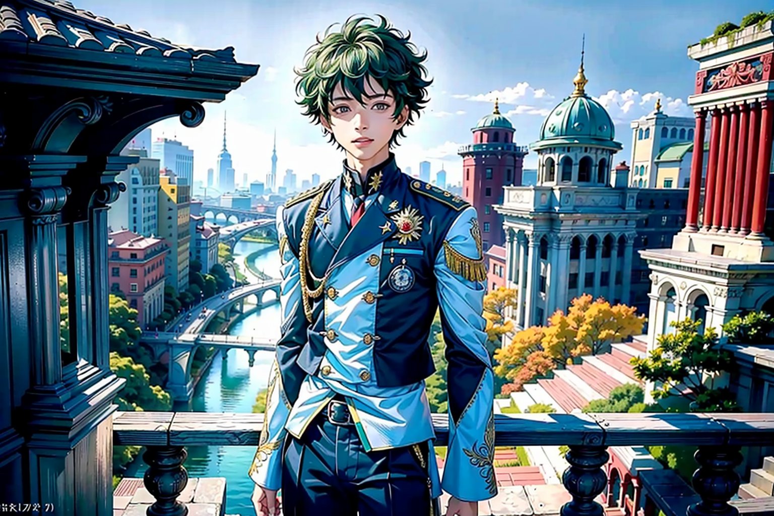 ((Masterpiece: 1.4, Best Quality)), ((Masterpiece, Best Quality)), Fisheye, One Standing Young Man,solo, Izuku Midoriya, Gentle Smile, Towering Buildings Rising from Stairs, Looking at the crumbling cityscape of the Highway, (Overlook: 1.3), River, Waterfall, Valley, (Green Big Eyes and Short Hair), Blue Sky, Beholder, Magnificent View, Lens Flare, Uniform, Cowboy Shot