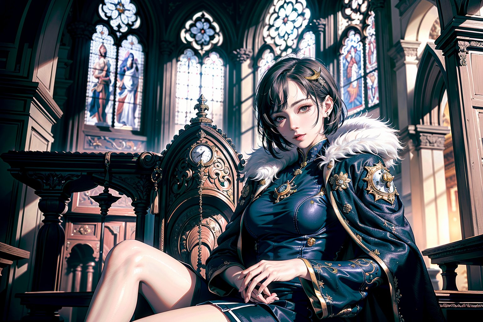 "(Masterpiece, highest quality, realistic), (complex, delicate, detailed skin and face), ((Amon Horn, sitting woman: 1.4)), gentle smile, piercing, ((short hair: 1.2) ) ), fur and navy coat, old church in the background, cinematic soft lighting, 8K high resolution CG.