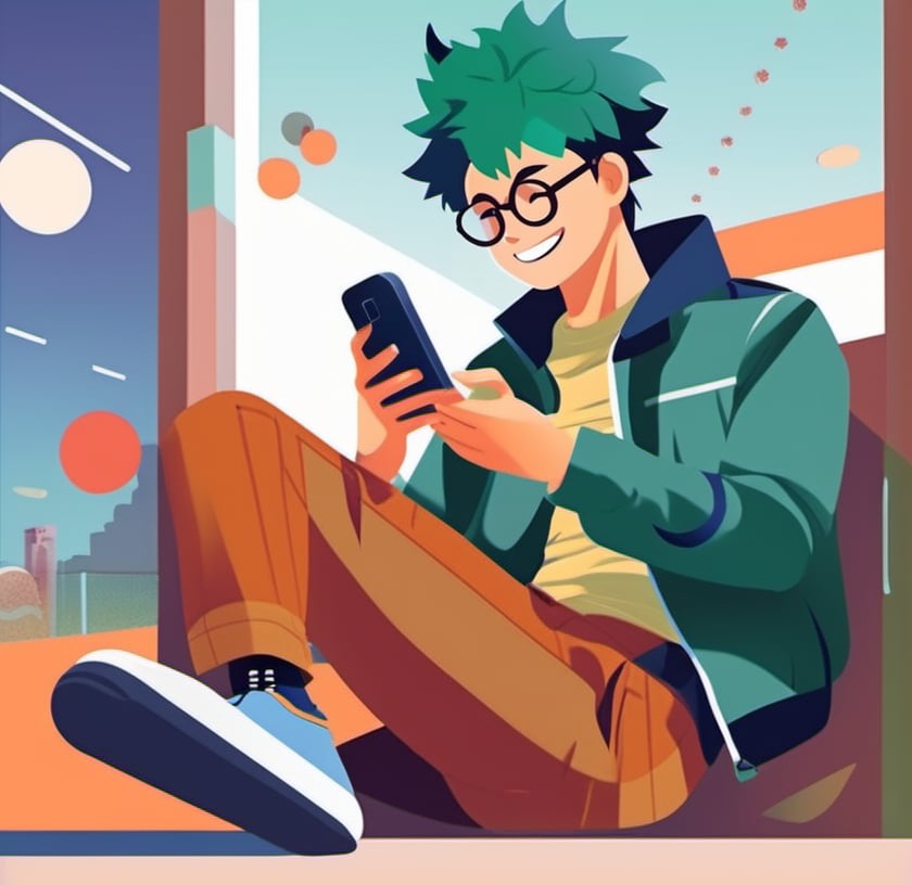 illustration, flat design, 1boy, solo,izuku midoriya, green hair, phone, holding, pants, very short hair, holding phone, sitting, glasses, flat color, circle, closed eyes, brown pants, smile, long sleeves, 