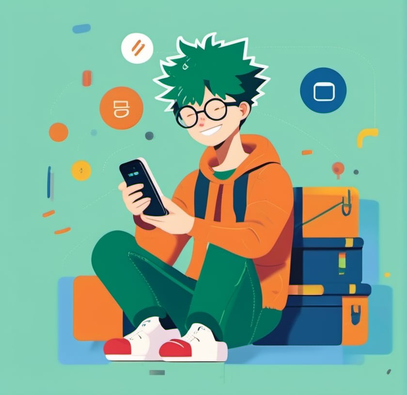 illustration, flat design, 1boy, solo,izuku midoriya, green hair, phone, holding, pants, very short hair, holding phone, sitting, glasses, flat color, circle, closed eyes, brown pants, smile, long sleeves, 