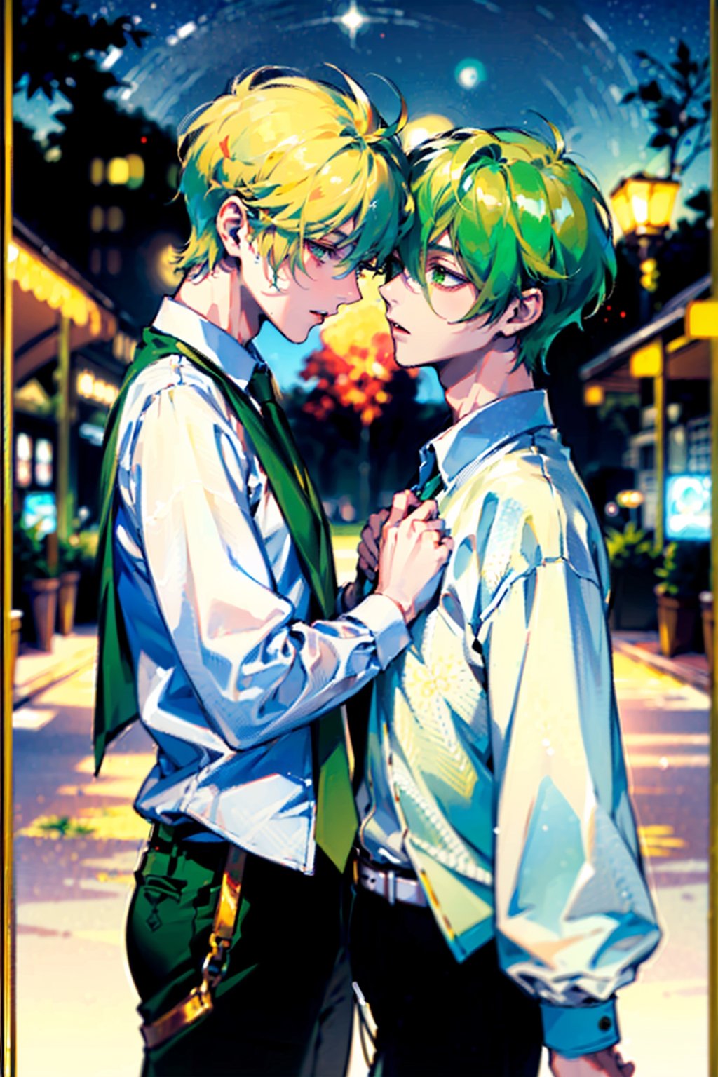 (​master piece:1.4)、Two young gay couple men facing each other、(Cool young man with very short blonde hair and red eyes white shirt:1.2)、(Cute slender young man with green hair and big green eyes white shirt:1.2)、beautiful night sky on background