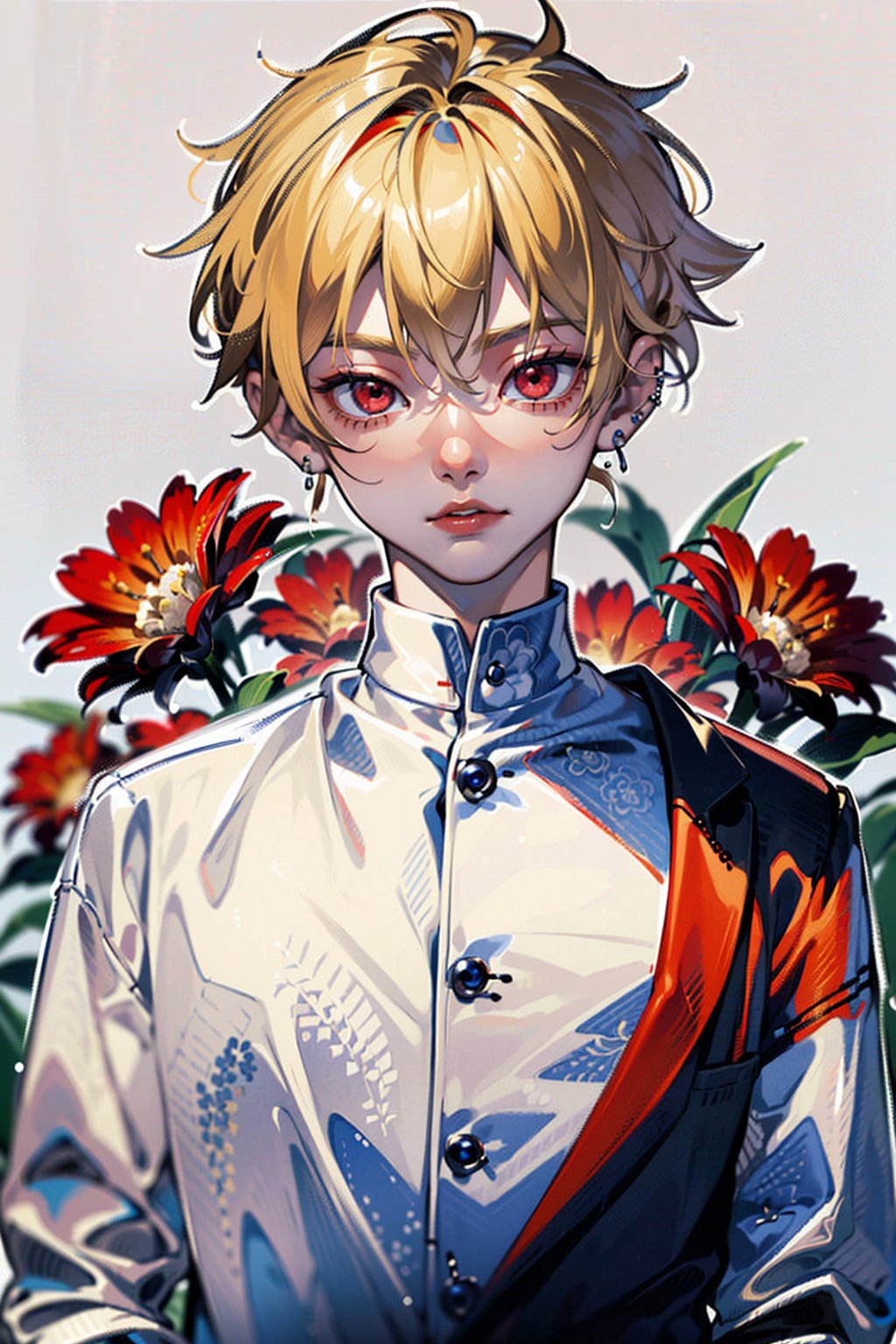 (top-quality:1.4,8K Super Detail CG Wallpapers),(cute young man,very short blond,sharp red eyes, strongly intimidate:1.2),katsuki bakugou,white  shirt,looking down,Black suit,with floral pattern,over the shoulder view,piercings,The background is in a dark room