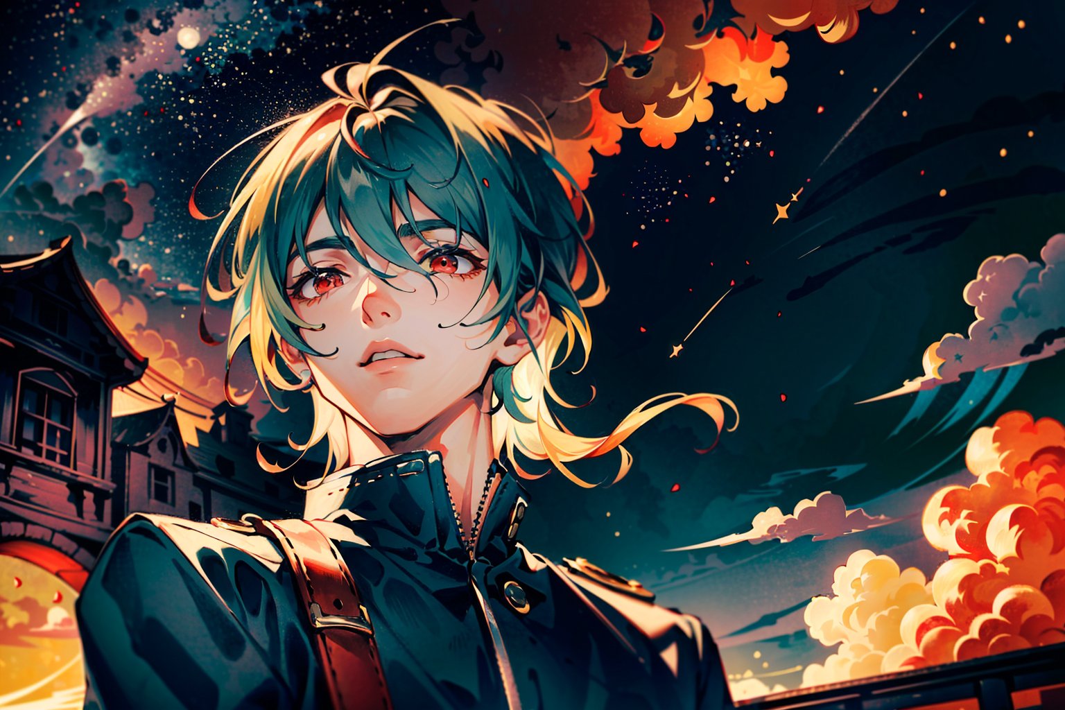 ((masterpiece: 1.4, best quality, delicate)), Illustration of a young cool boy with short blond hair and red eyes and a young and cute boy with sky-green hair looking up at the starry sky with shooting stars across the sky.