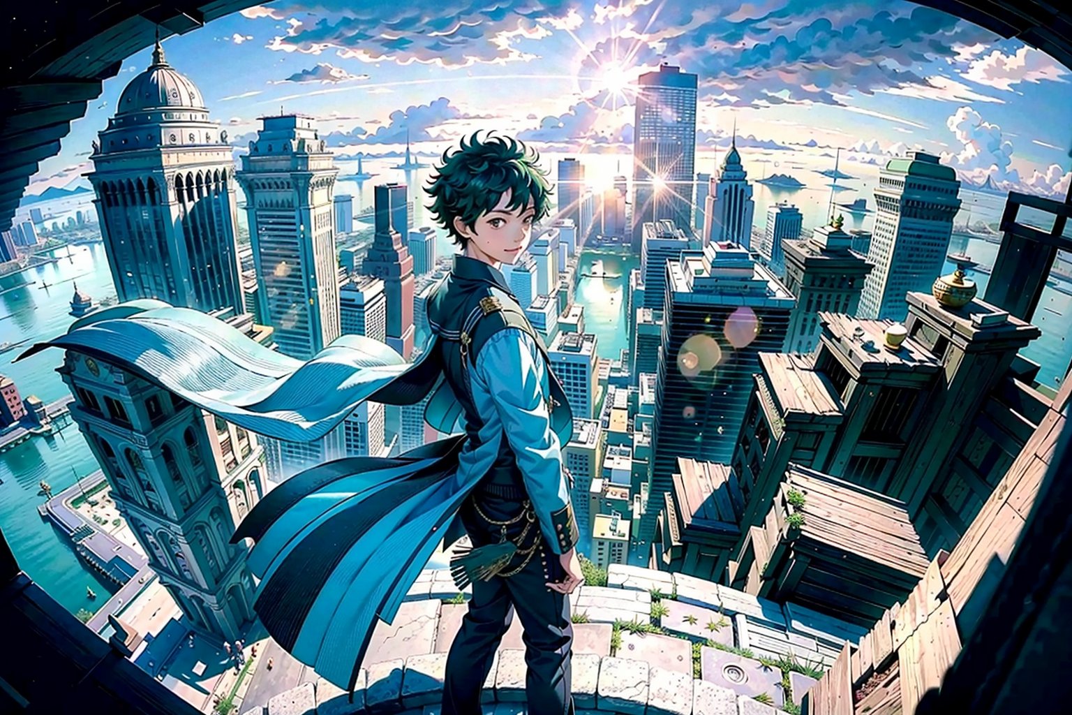 ((Masterpiece: 1.4, Best Quality)), ((Masterpiece, Best Quality)), (Fisheye:1.2), One Standing Young Man,solo, Izuku Midoriya, Gentle Smile, Towering Buildings Rising from Stairs, Looking at the crumbling city, (Overlook: 1.3), River, Waterfall, (Green Big Eyes and Short Hair), Blue Sky, Beholder, Magnificent View, Lens Flare, school Uniform,long pants, Cowboy Shot