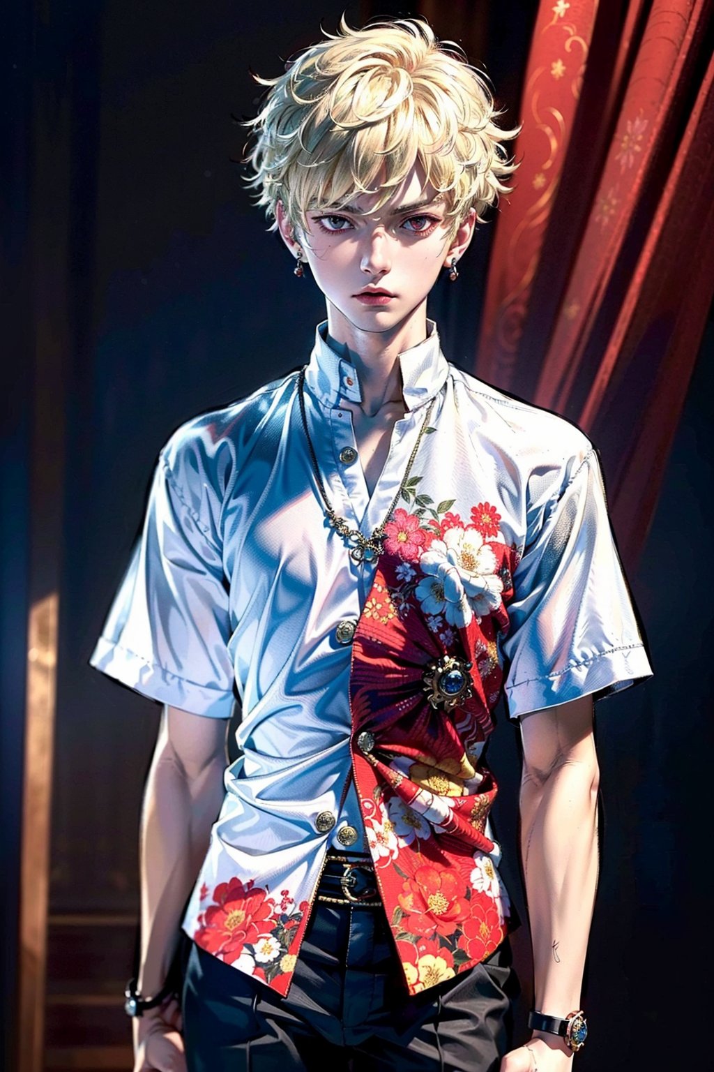 (top-quality:1.4,8K Super Detail CG Wallpapers),(cute young man,very short blond,sharp red eyes, strongly intimidate:1.2),katsuki bakugou,white  shirt,Black suit,with floral pattern,over the shoulder view,piercings,The background is in a dark room,outline