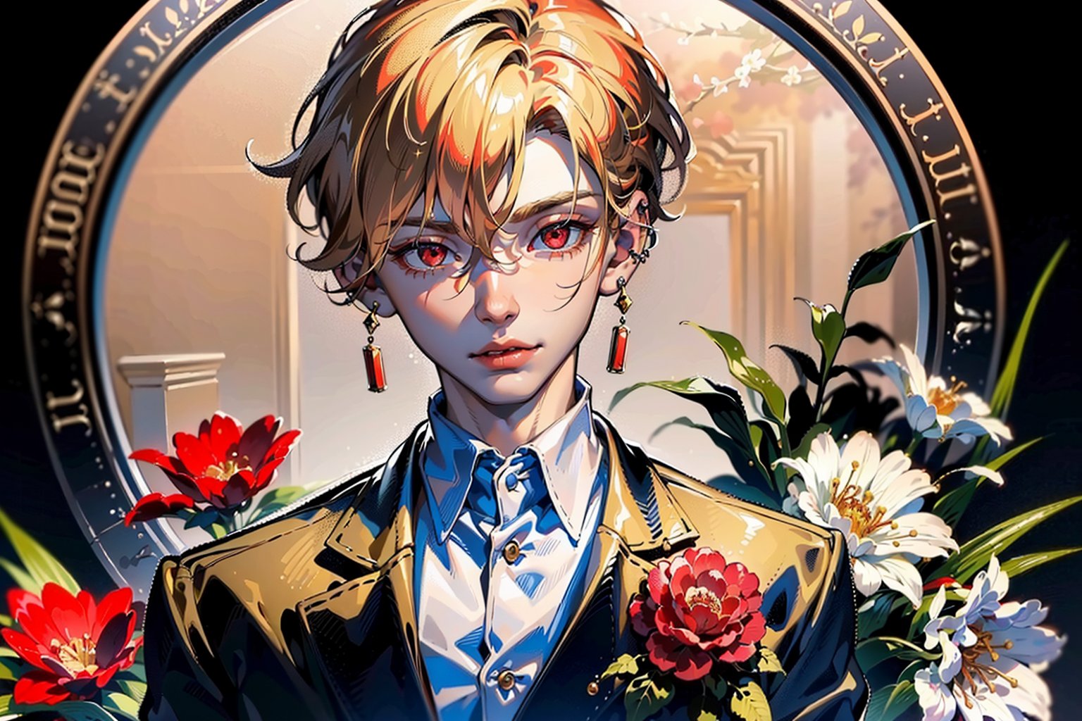 (top-quality:1.4,8K Super Detail CG Wallpapers),(cute young man,very short blond,sharp red eyes,intimidate:1.2),white  shirt,Black suit,with floral pattern,over the shoulder view,piercings,The background is in a dark room