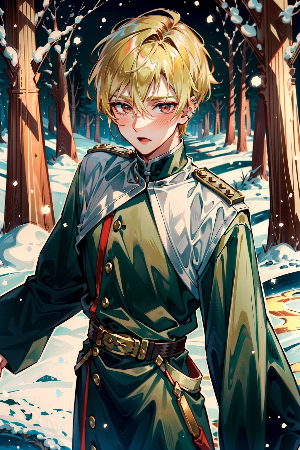 ((masterpiece: 1.4, best quality, delicate)), very short blonde hair, piercing red-eyed soldier, green short hair and big-eyed shepherd, blush, high angle, (2 male youths:1.5), Soldier and shepherd, snow and winter forest.,fate/stay background