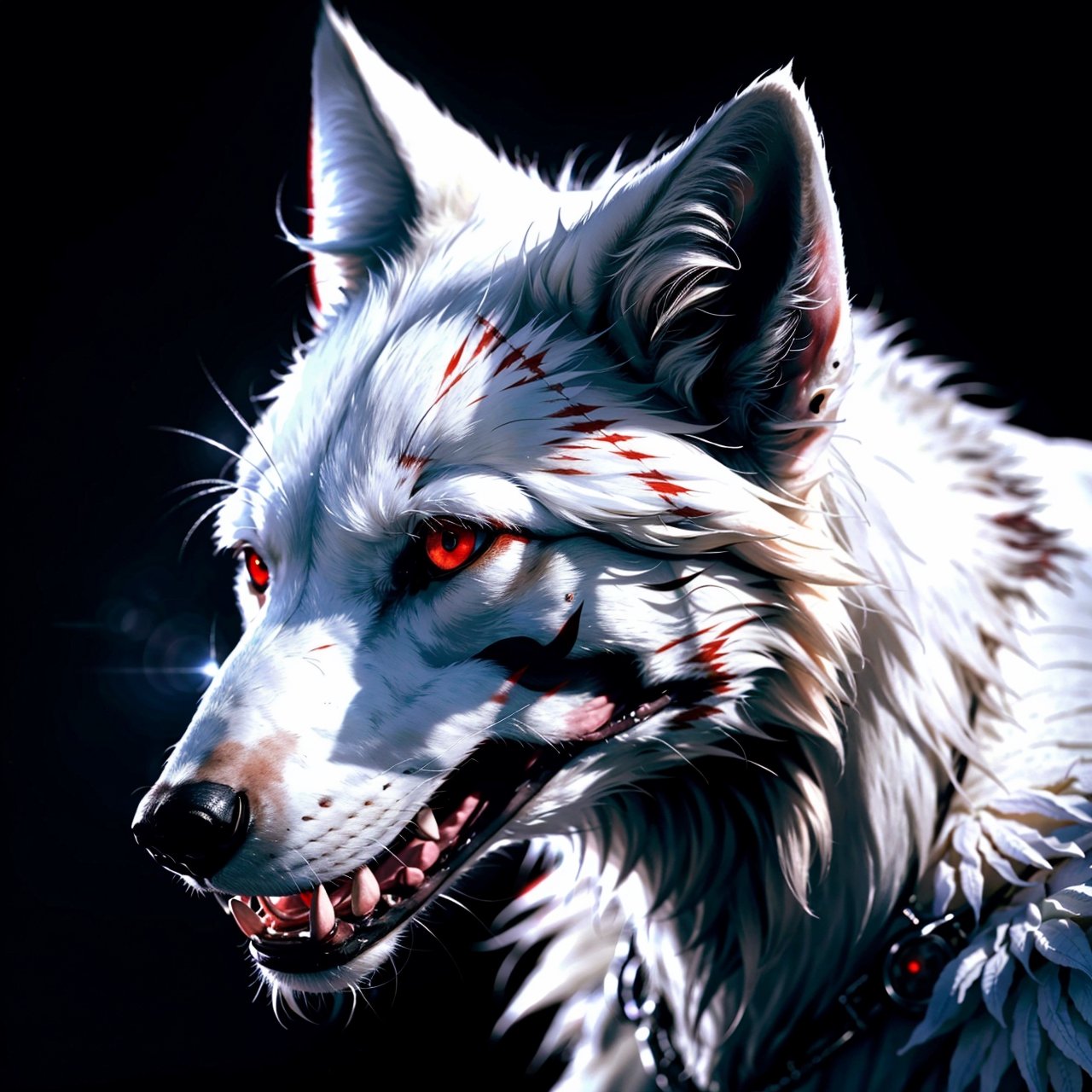  (White wolf), red eye,from side,highly detailed, super detailed, best quality, realistic lighting, hyper detail,