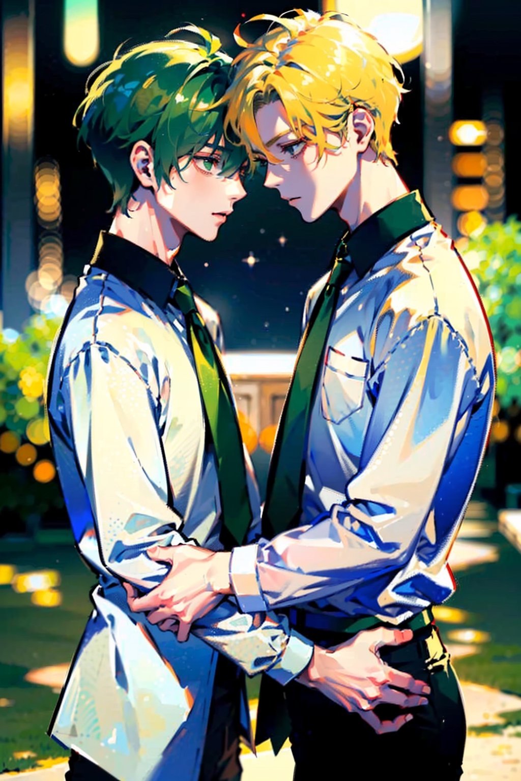 (​master piece:1.4)、Two young gay couple men facing each other、(Cool young man with very short blonde hair and red eyes white shirt:1.2)、(Cute slender young man with green hair and big green eyes white shirt:1.2)、beautiful night sky on background