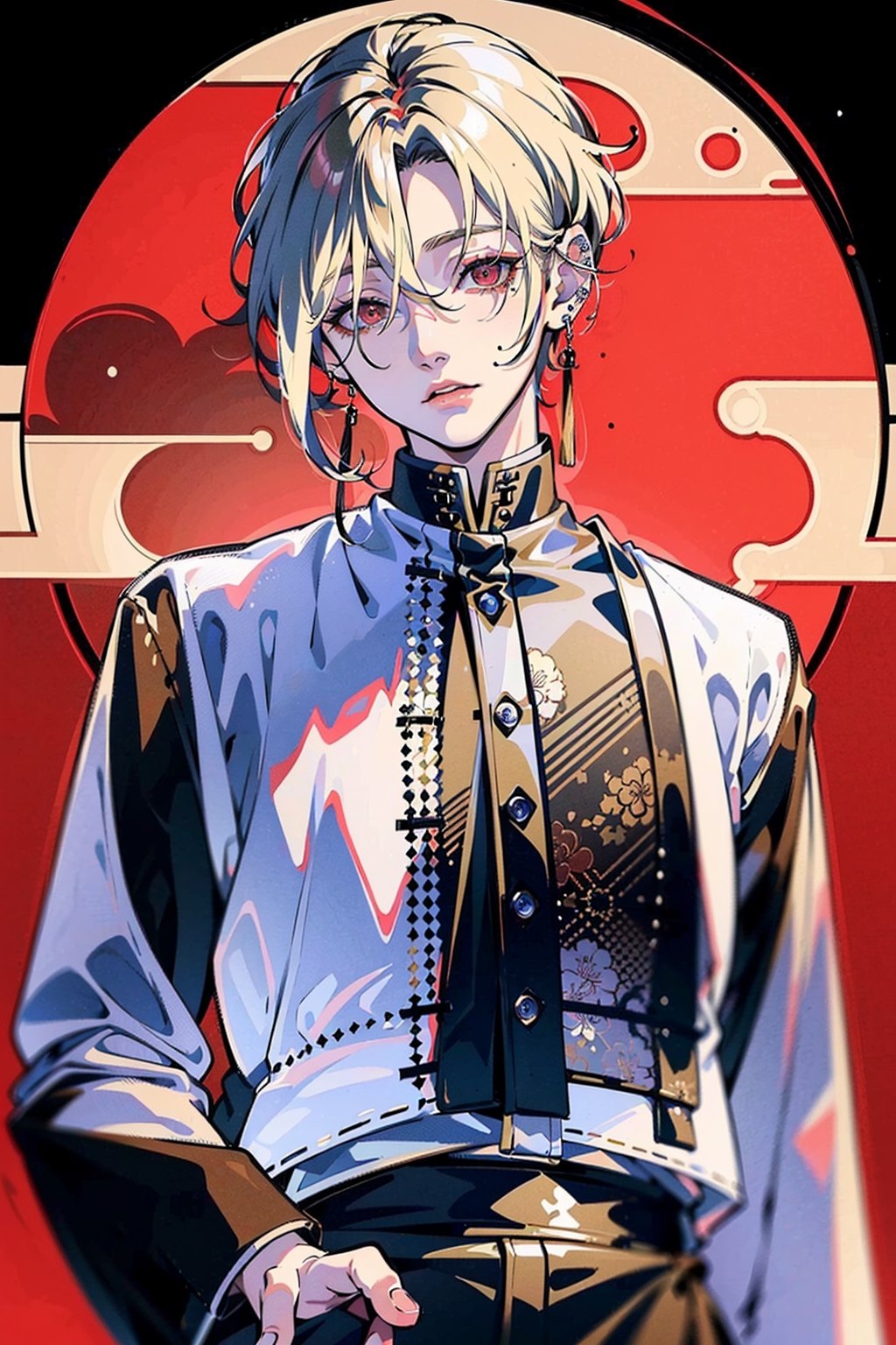 ((masutepiece: 1.4, Best Quality,Delicate)), Very short blonde hair、Red Eyes,(１Man Youth:1.3), Delicate hair, (Big black high-neck clothes hide the mouth:1.3),piercings, Night background
