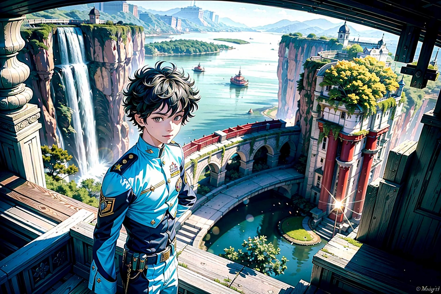 ((Masterpiece: 1.4, Best Quality)), ((Masterpiece, Best Quality)), Fisheye, One Standing Young Man,solo, Izuku Midoriya, Gentle Smile, Towering Buildings Rising from Stairs, Looking at the crumbling cityscape of the Highway, (Overlook: 1.3), River, Waterfall, Valley, (Green Big Eyes and Short Hair), Blue Sky, Beholder, Magnificent View, Lens Flare, Uniform, Cowboy Shot