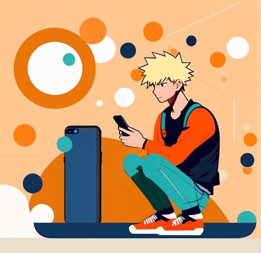 illustration, flat design, 1young man, solo, katsuki bakugou, (blond and very short hair:1.3), holding phone, sitting, flat color, circle, pants, long sleeves, 