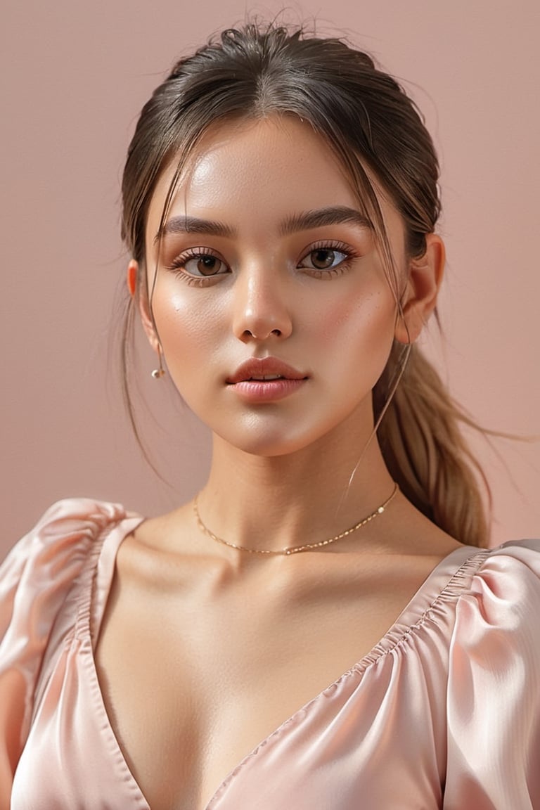 (glamour:1.3) photo of a beautiful young xxmix_girl, ponytail hairstyle with mid-parted bangs, wearing Pale pink tiered maxi dress with balloon sleeves, BREAK (blush, blemishes:0.6), (goosebumps:0.5), subsurface scattering, perfecteyes, detailed skin texture, (slender, petite, droptear chest, (absolute_cleavage), photorealistic, masterpiece, remarkable color, ultra realistic, textured skin, realistic dull skin noise, visible skin detail, skin fuzz, dry skin, upper_body from waist frame, soft natural lighting, ray_tracing, from side, ALEXA 65, golden_ratio