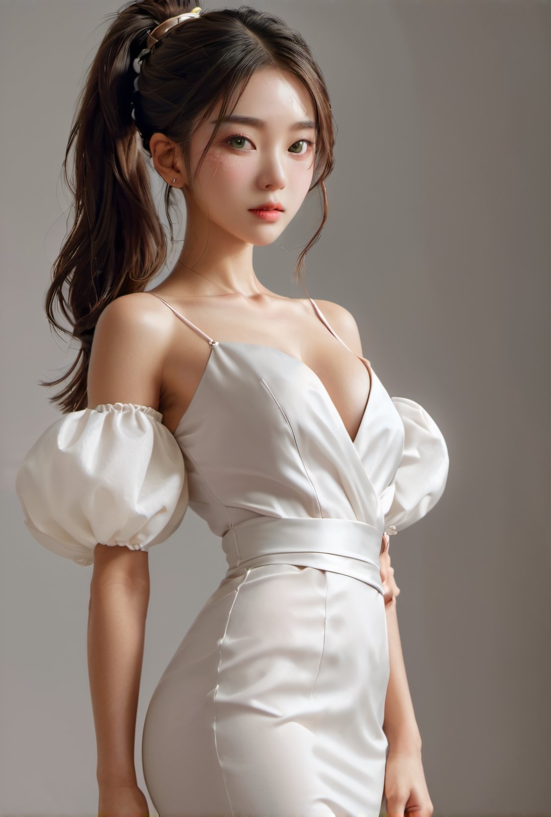 (glamour:1.3) photo of a beautiful young woman with a messy_half_ponytail, wearing Wrap front midi dress with balloon sleeves, BREAK (blush, blemishes:0.6), (goosebumps:0.5), subsurface scattering, detailed skin texture, (slender, absolute_cleavage:1.3), photorealistic, remarkable color, textured skin, realistic dull skin noise, visible skin detail, skin fuzz, (upper body from hips framing:1.3), posing gravure on a studio, looking at the camera, studio lighting, shot on Kodak Vision3 IMAX, golden_ratio,dfdd,