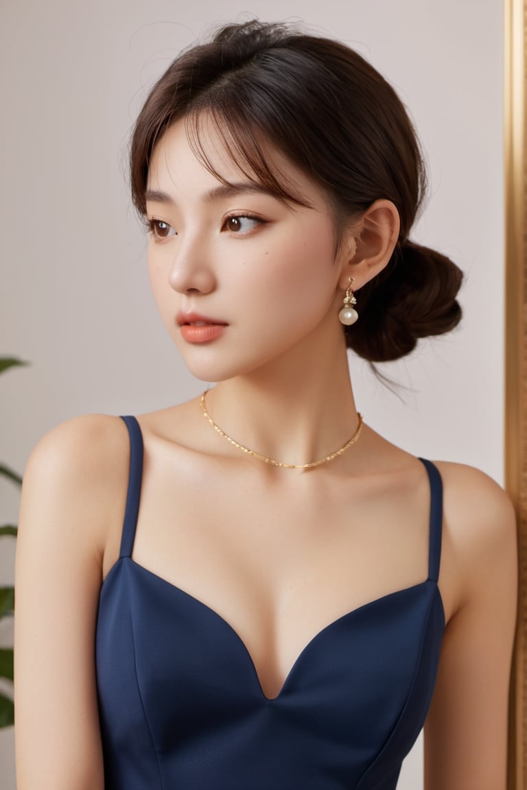 (glamour:1.3) photo of a beautiful young xxmix_girl, ponytail hairstyle with mid-parted bangs, wearing Navy blue halter neck midi dress with side slit, BREAK (blush, blemishes:0.6), (goosebumps:0.5), subsurface scattering, perfecteyes, detailed skin texture, (slender, petite, droptear chest, (absolute_cleavage), photorealistic, masterpiece, remarkable color, ultra realistic, textured skin, realistic dull skin noise, visible skin detail, skin fuzz, dry skin, upper_body from waist frame, in a party background, soft natural lighting, ray_tracing, from side, ALEXA 65, golden_ratio