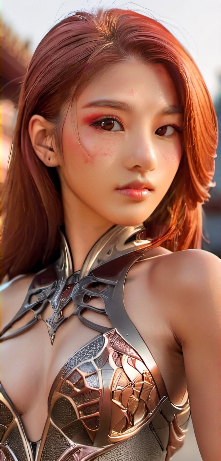 (glamour:1.3) photo of a beautiful young woman with a clear collarbone and fire red hair, (posing seductively:1.4) with japan scenery, BREAK wearing Witchblade outfit, bare_shoulders, long dress with side_slit, (blush, blemishes:0.6), (goosebumps:0.5), subsurface scattering, detailed skin texture, (skinny, petite, photorealistic:1.3), textured skin, realistic dull skin noise, visible skin detail, skin fuzz, remarkable color, (upper body from waist framing:1.3), golden_hour, golden_ratio, Fujicolor_Pro_Film,