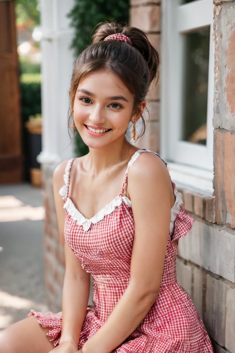 (glamour photography) photo of a smiling LinkGirl, 18 year old, {ponytail|bobcut|bun hair}, wearing (Gingham-print sundress with a fit-and-flare silhouette, paired with ankle-wrap sandals, a straw bag, and a pair of drop earrings:1.2), dfdd, (blush:0.9), (goosebumps:0.5), solo, beautiful, masterpiece, (photorealistic:1.2), hi-res, hdr, 8k, remarkable color, ultra realistic, textured skin, realistic dull skin noise, visible skin detail, skin fuzz, dry skin, perfect face, perfect eyes, (casual posing for picture:1.2), (cowboy shot:1.6), (detailed random background:1.6), natural lighting, (ray tracing:1.2), subsurface scattering, {low angle|(shot from a dutch angle:1.4)}, golden ratio, (shot on Leica T), RAW cinema photo, 50mm portrait lens, shallow depth of field, Fujicolor Pro film